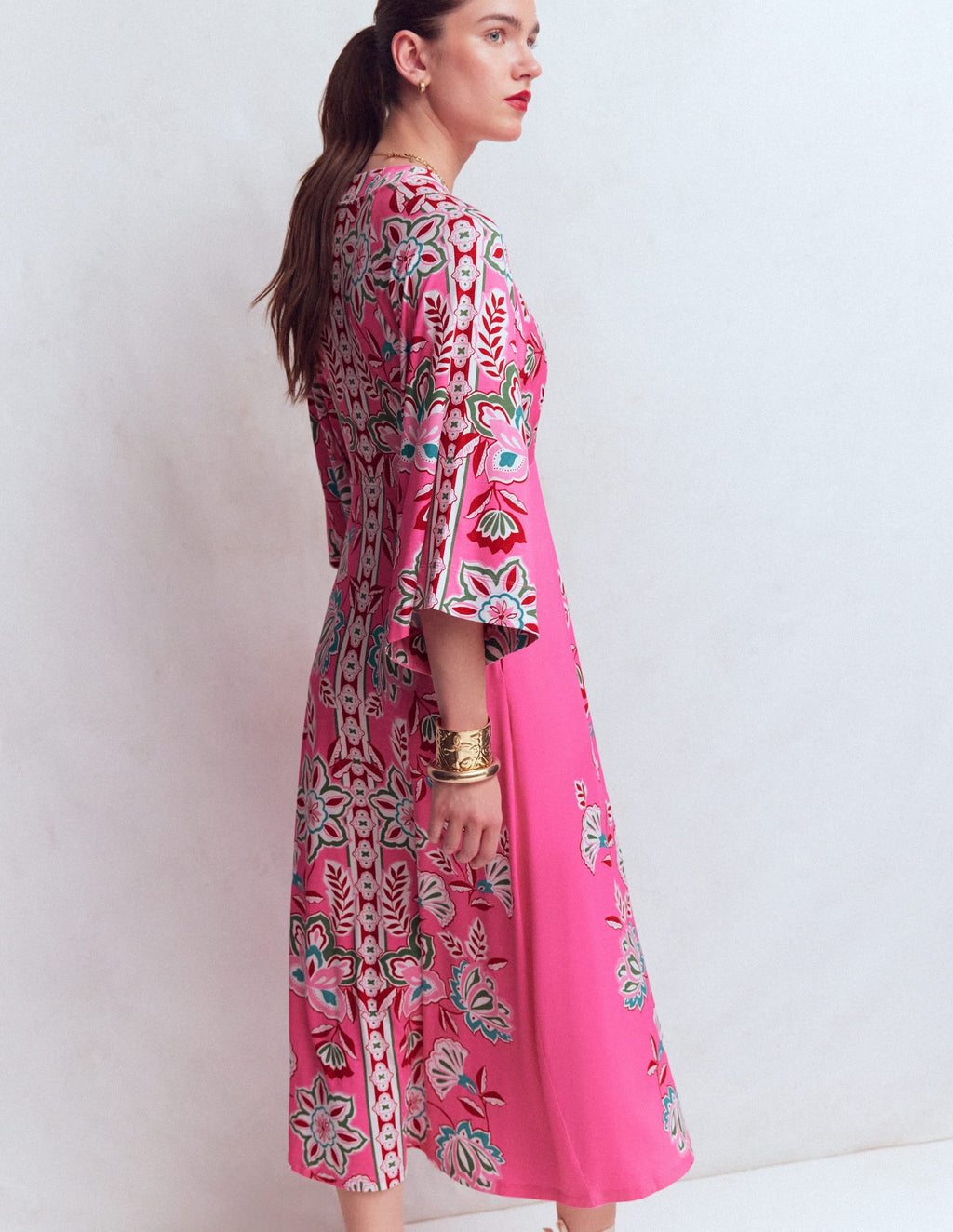 Nell Kimono Midi Jersey Dress-Pink, Blossom Elegance