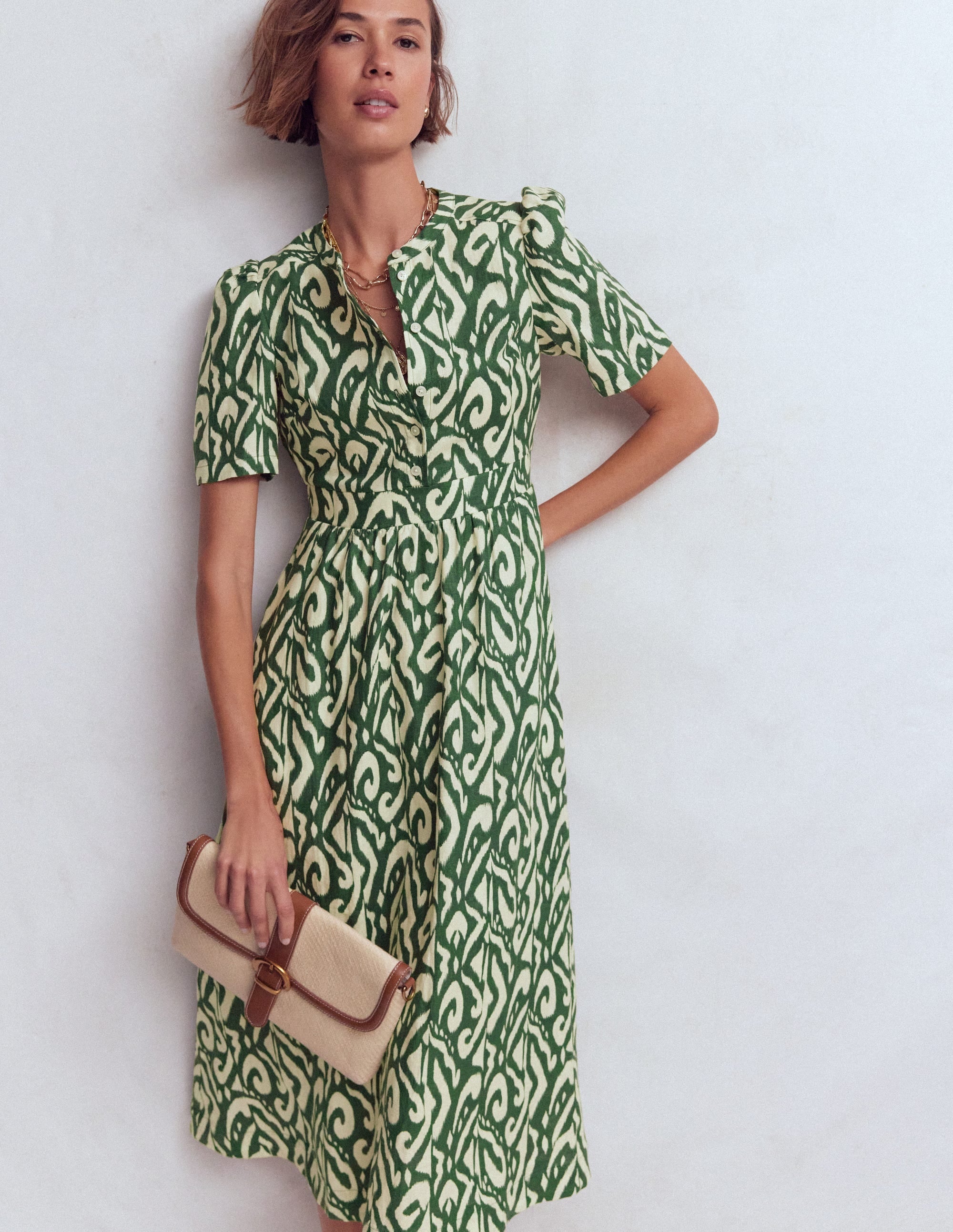 Ivy Linen Midi Dress-Hunter Green Ikat