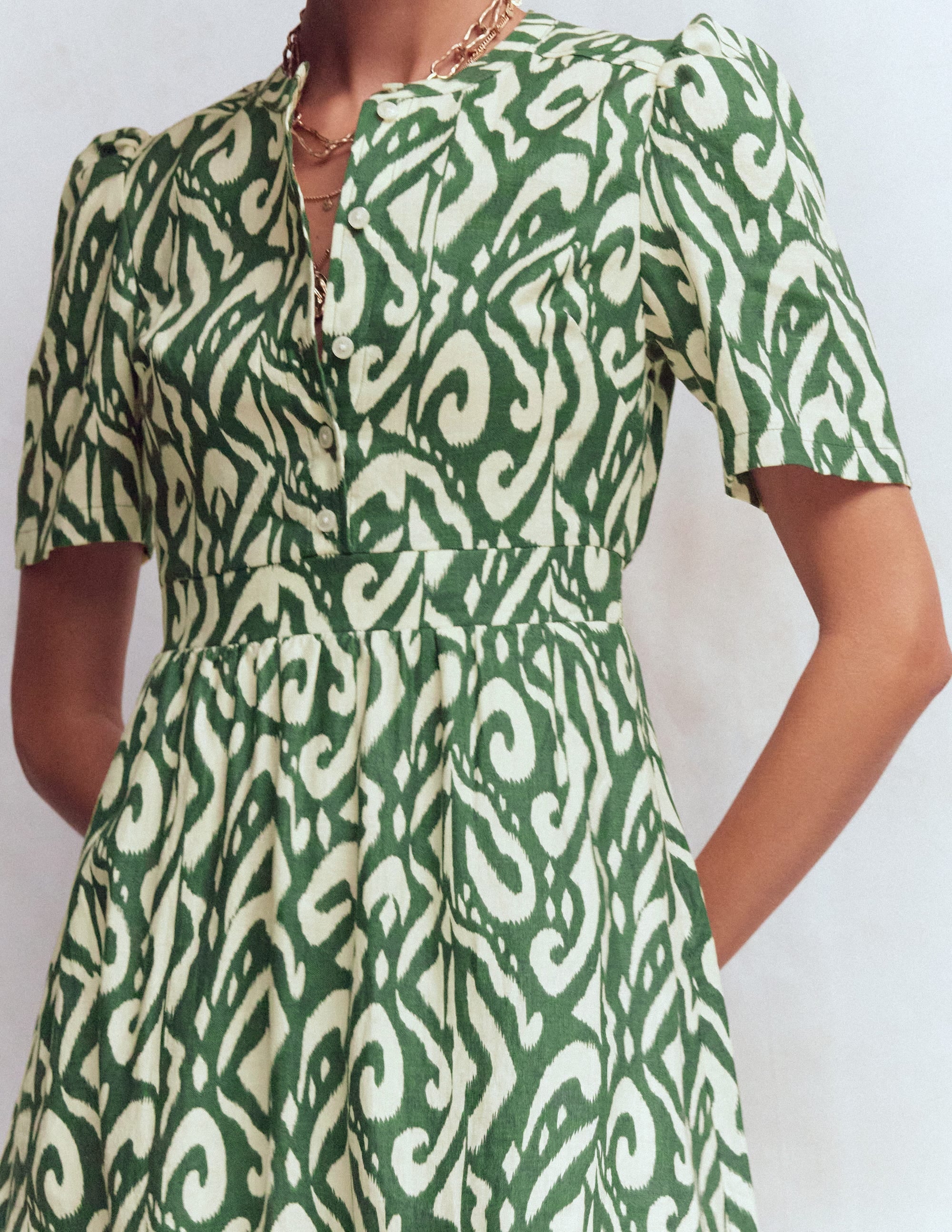 Ivy Linen Midi Dress-Hunter Green Ikat