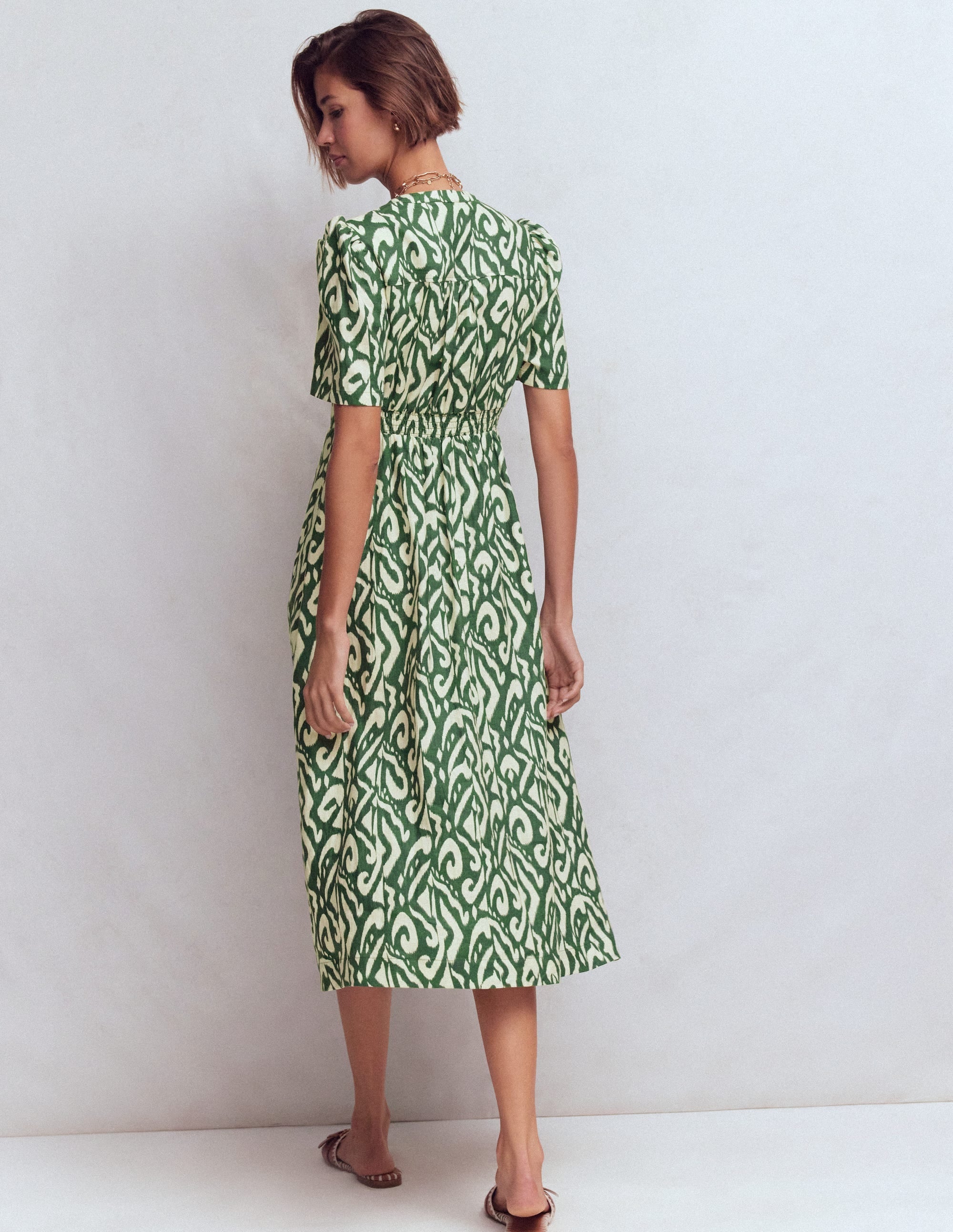 Ivy Linen Midi Dress-Hunter Green Ikat