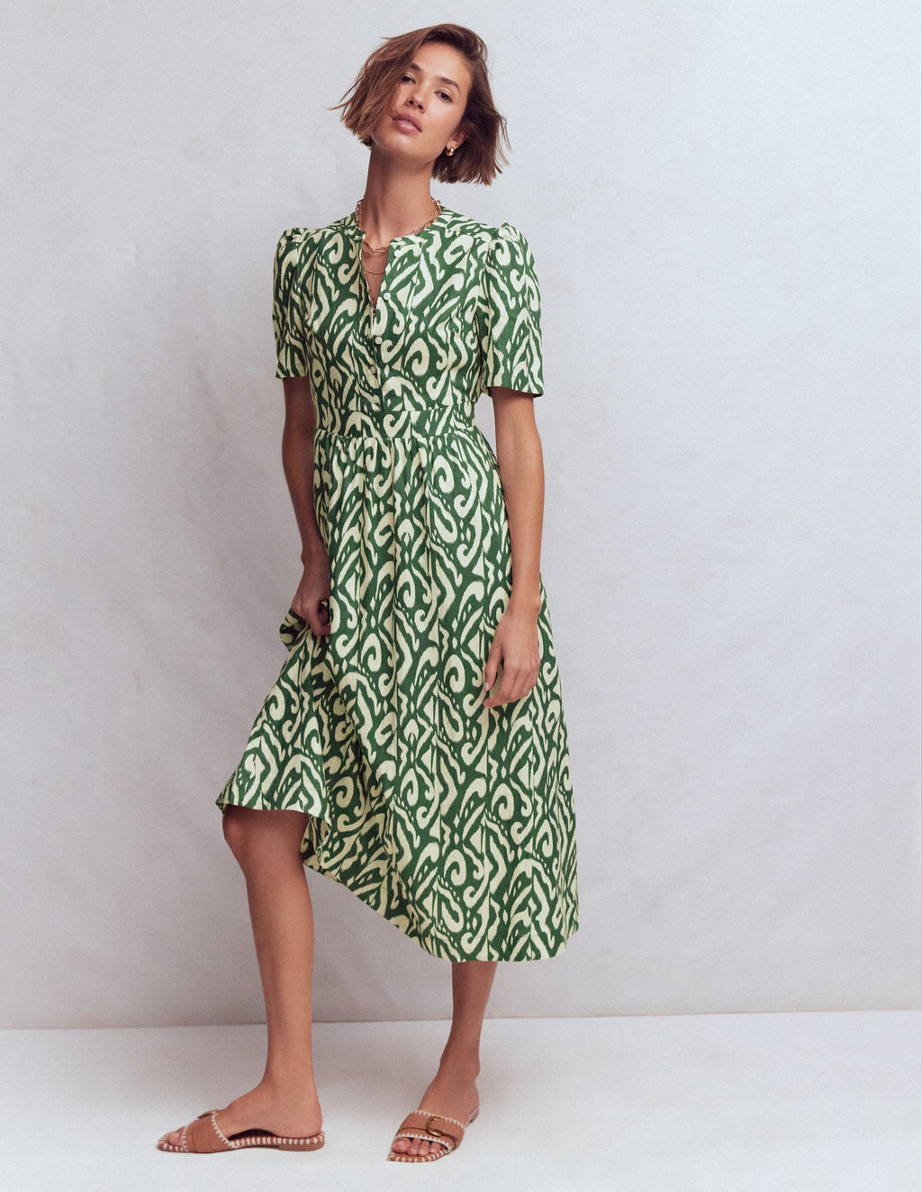 Ivy Linen Midi Dress-Hunter Green Ikat