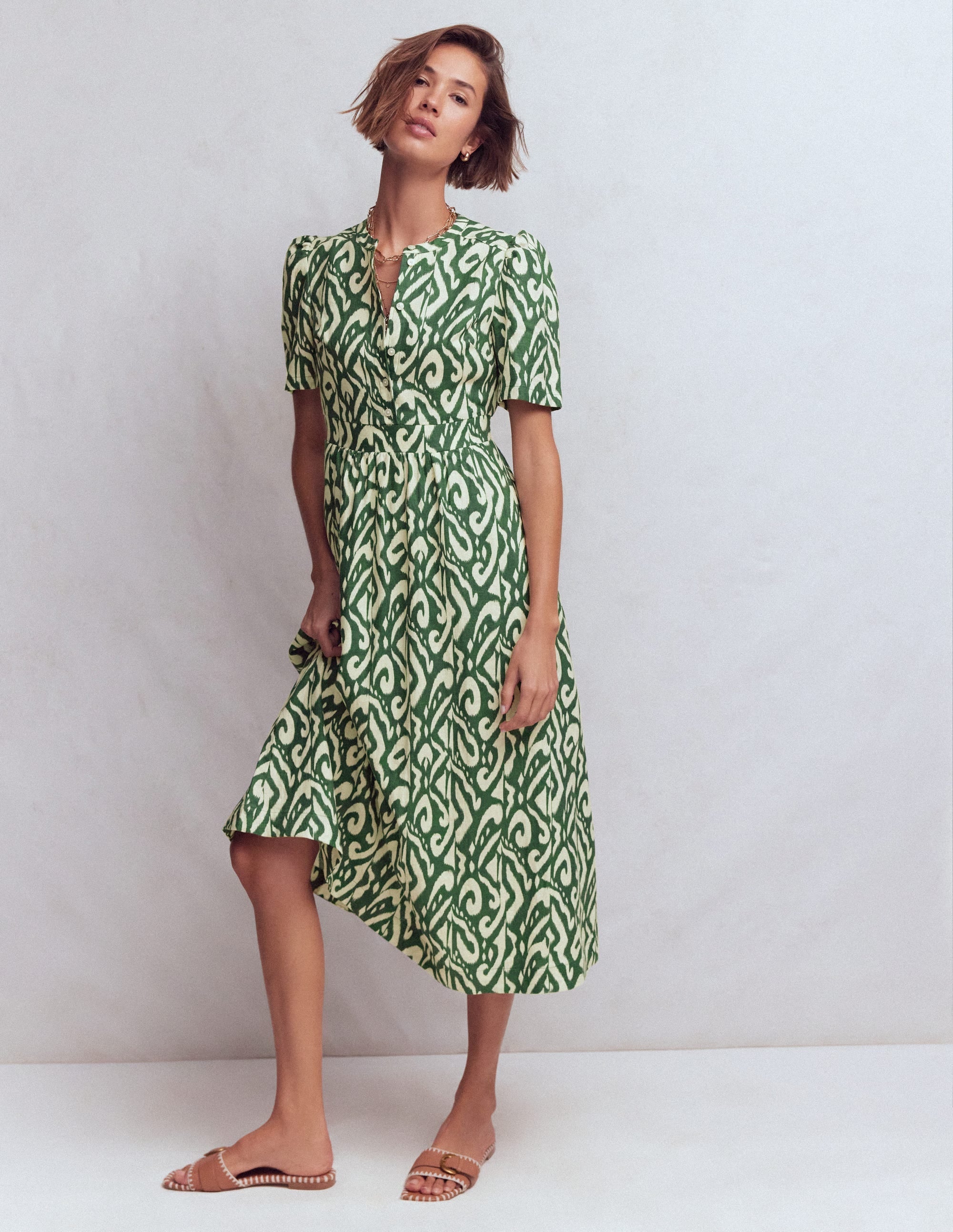 Ivy Linen Midi Dress-Hunter Green Ikat