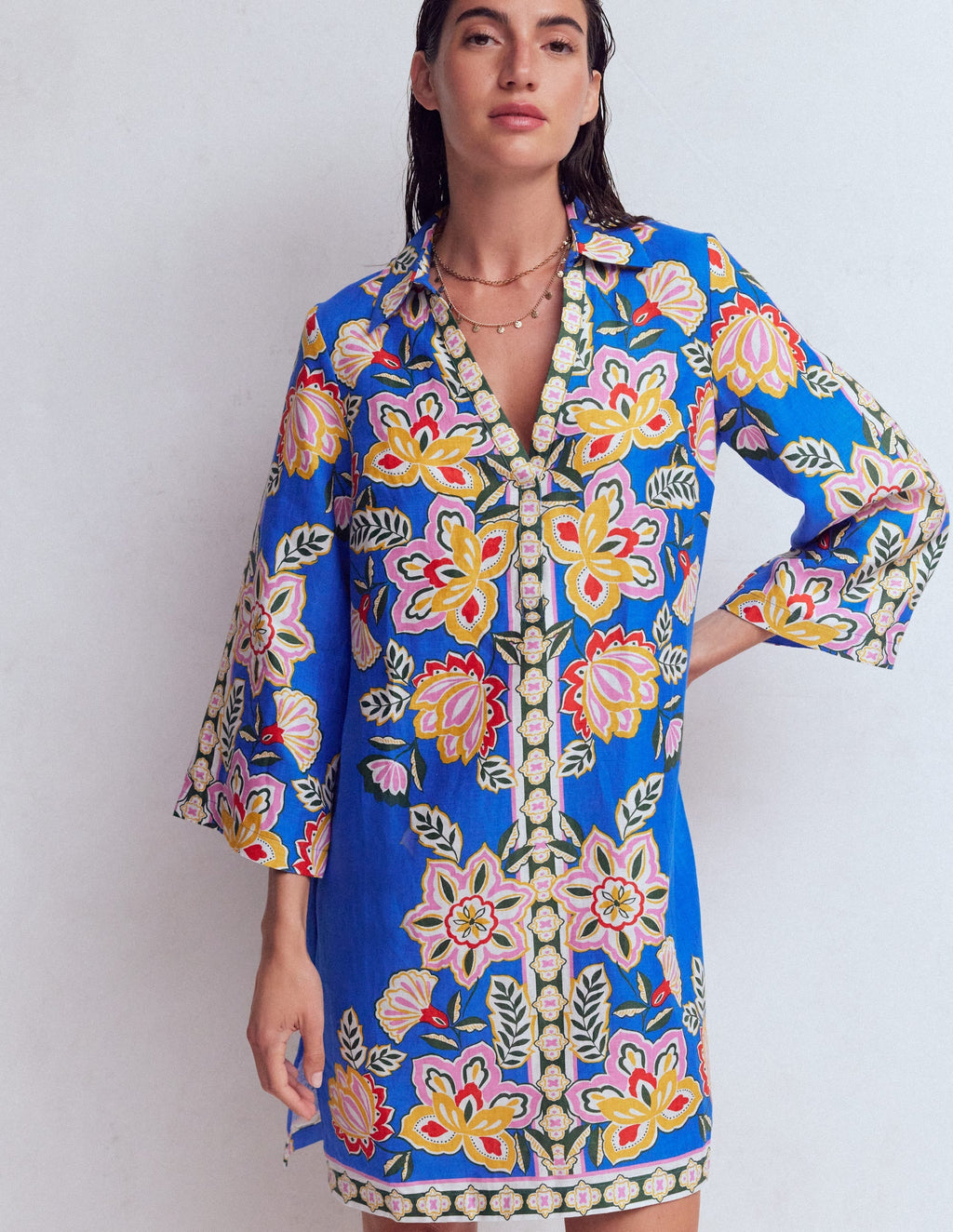 Carmen Linen Short Dress-Blue Blossom Elegance
