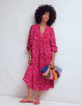 Boho Tie Neck Kaftan-Red Ornamental Foilage