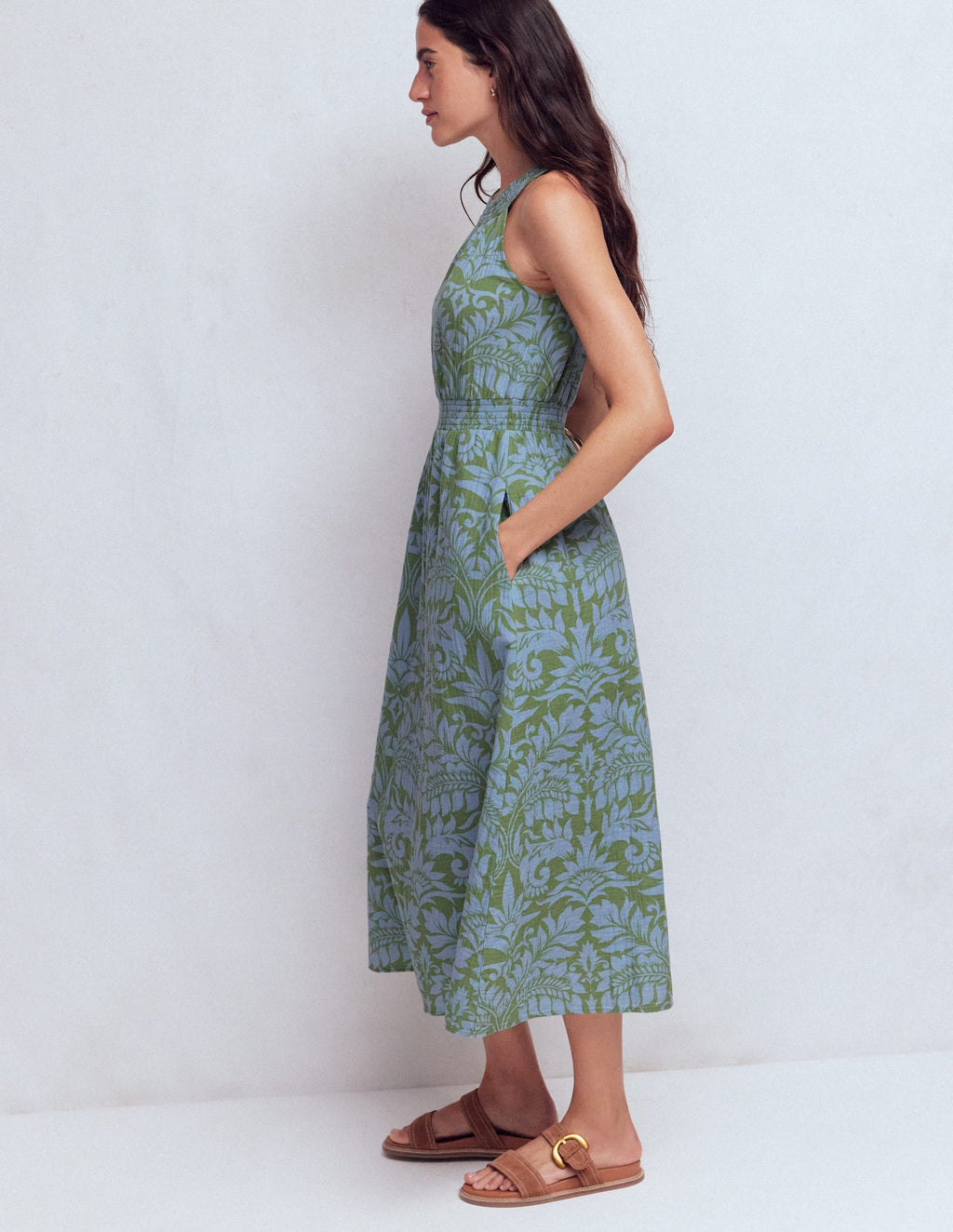 Daphne Double Cloth Dress-Green Ornamental Foliage