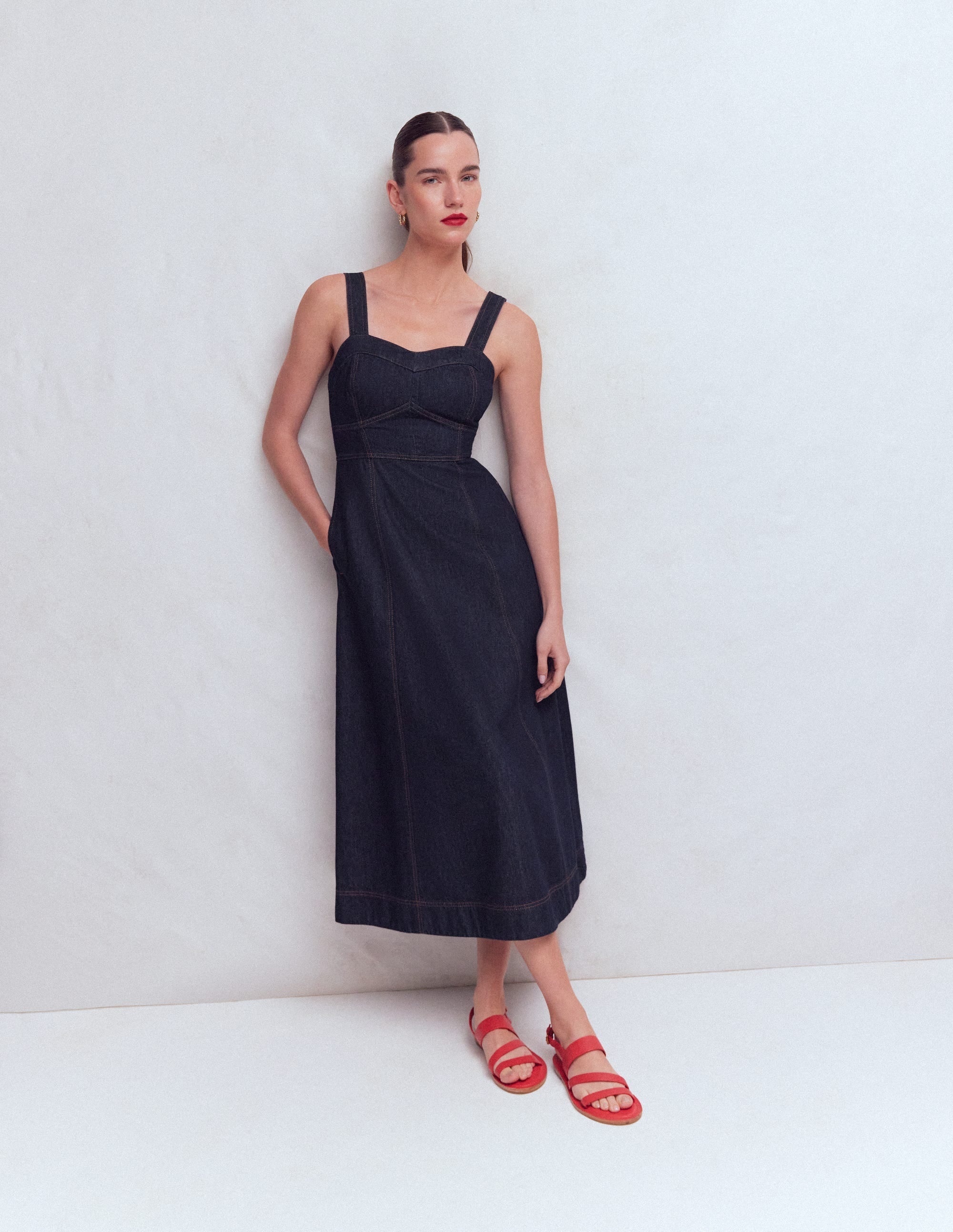 Panelled Bodice Denim Dress-Indigo