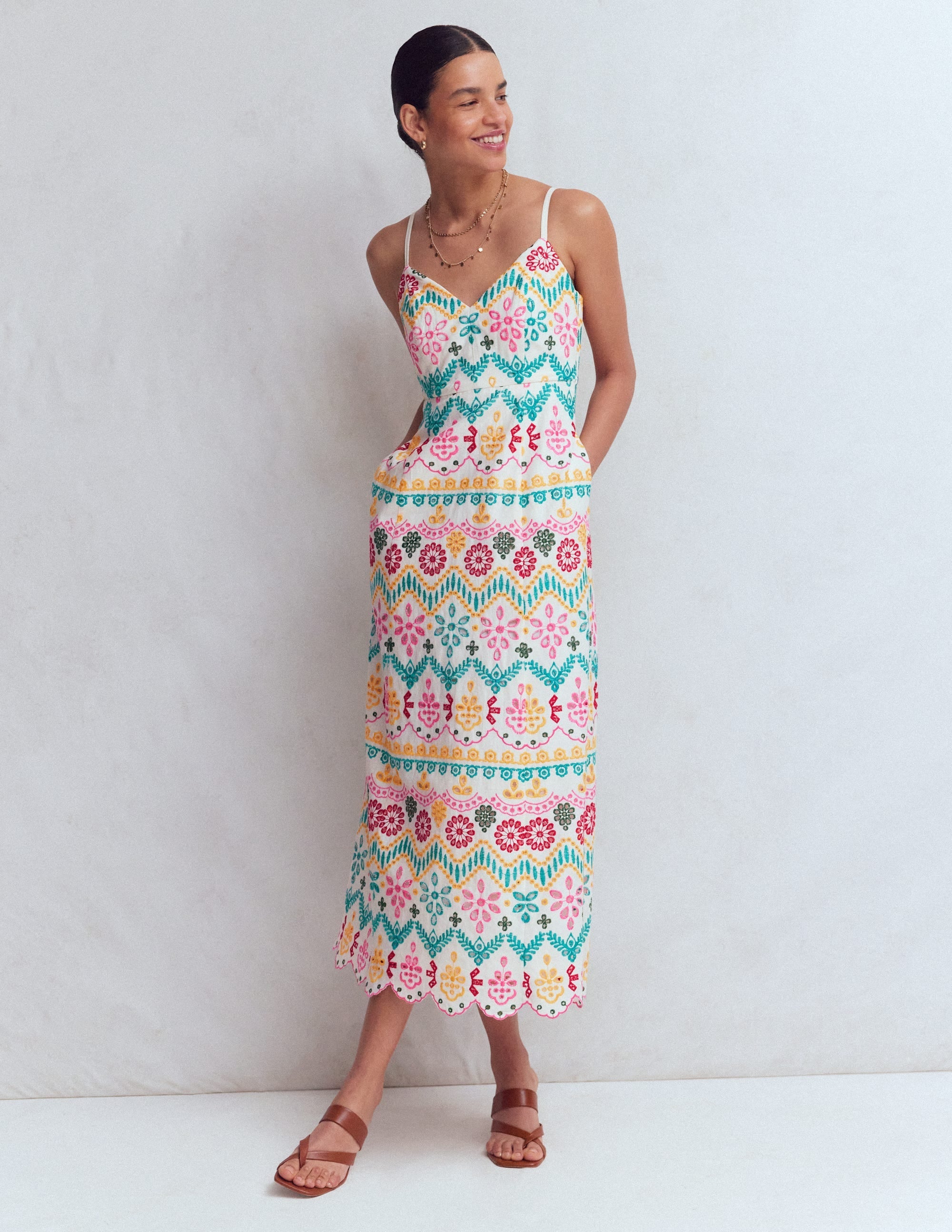 Empire Linen Broderie Dress-Multi Broderie