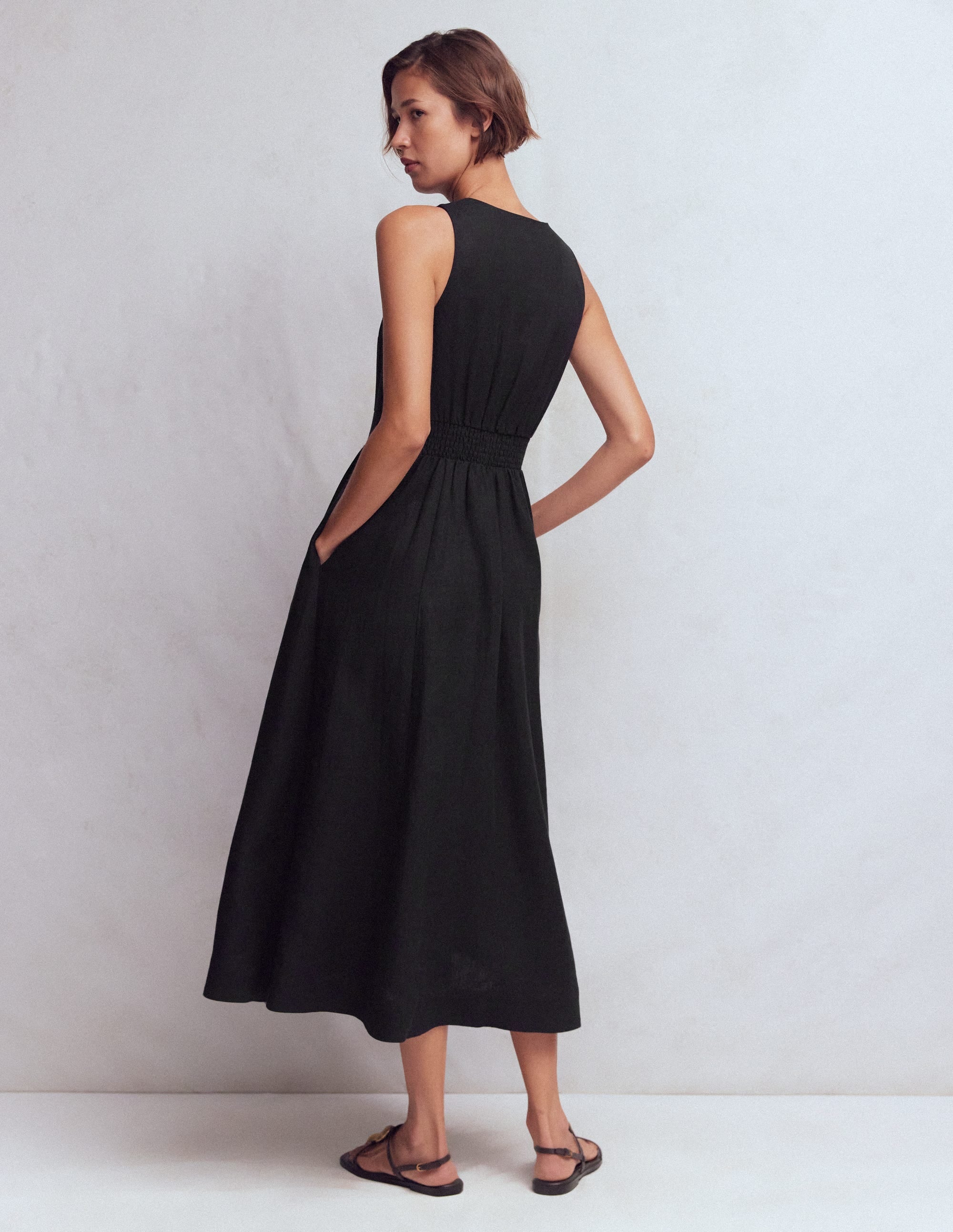 Catherine Button Linen Dress-Black