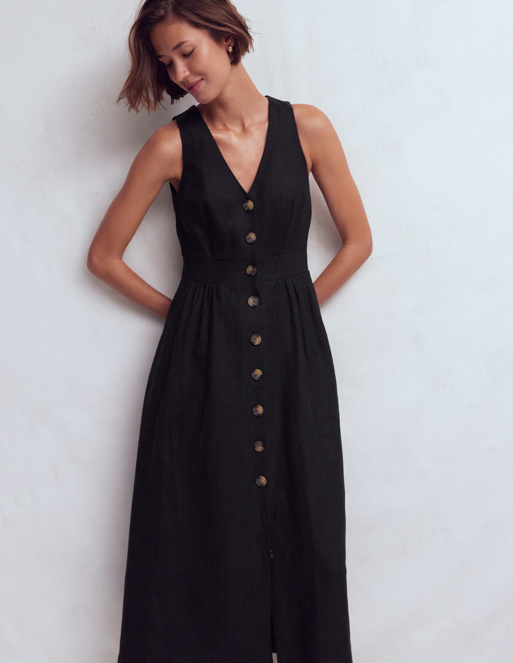 Catherine Button Linen Dress-Black