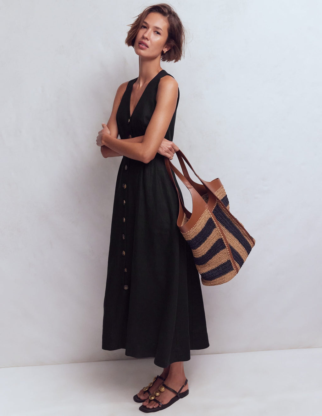 Catherine Button Linen Dress-Black