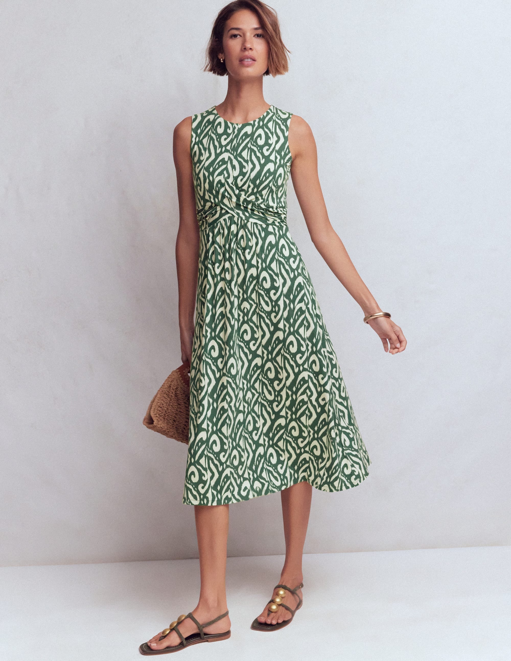 Zara Cross Waist Jersey Dress-Hunter Green, Ikat