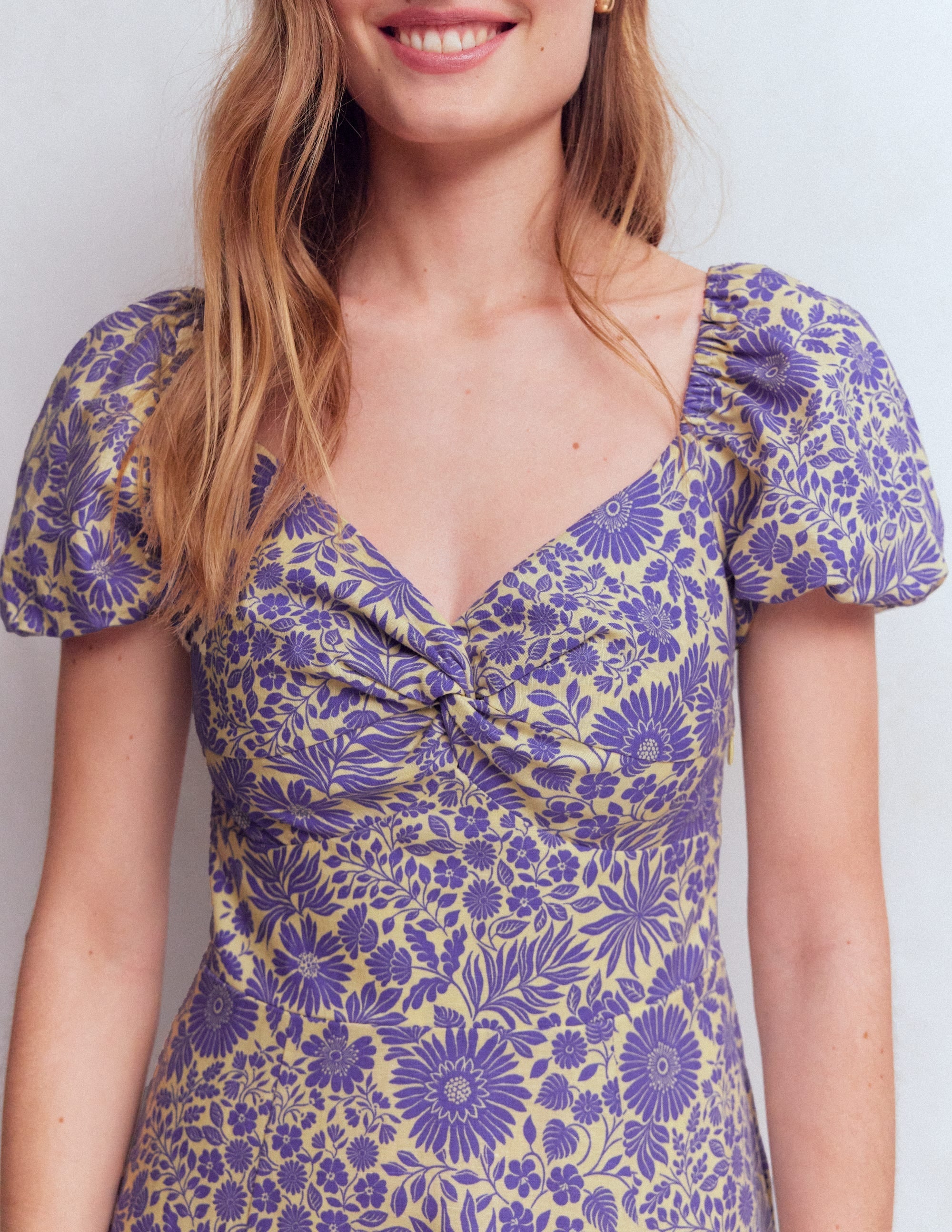 Twist Front Linen Blend Dress-Han Purple, Flowered Bloom