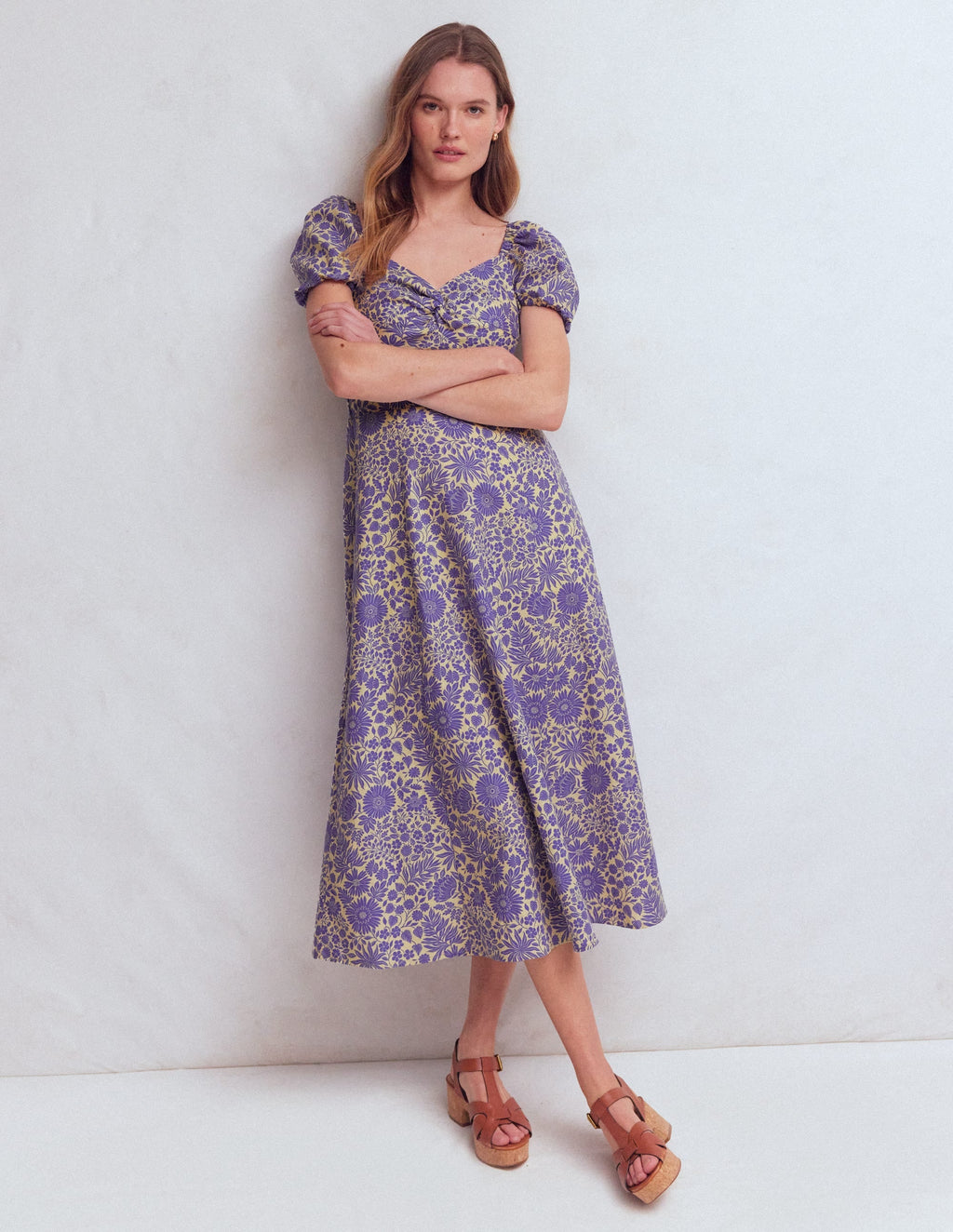 Twist Front Linen Blend Dress-Han Purple, Flowered Bloom