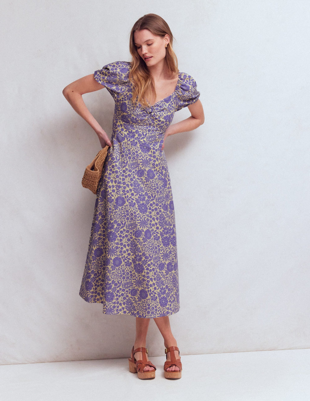Twist Front Linen Blend Dress-Han Purple, Flowered Bloom