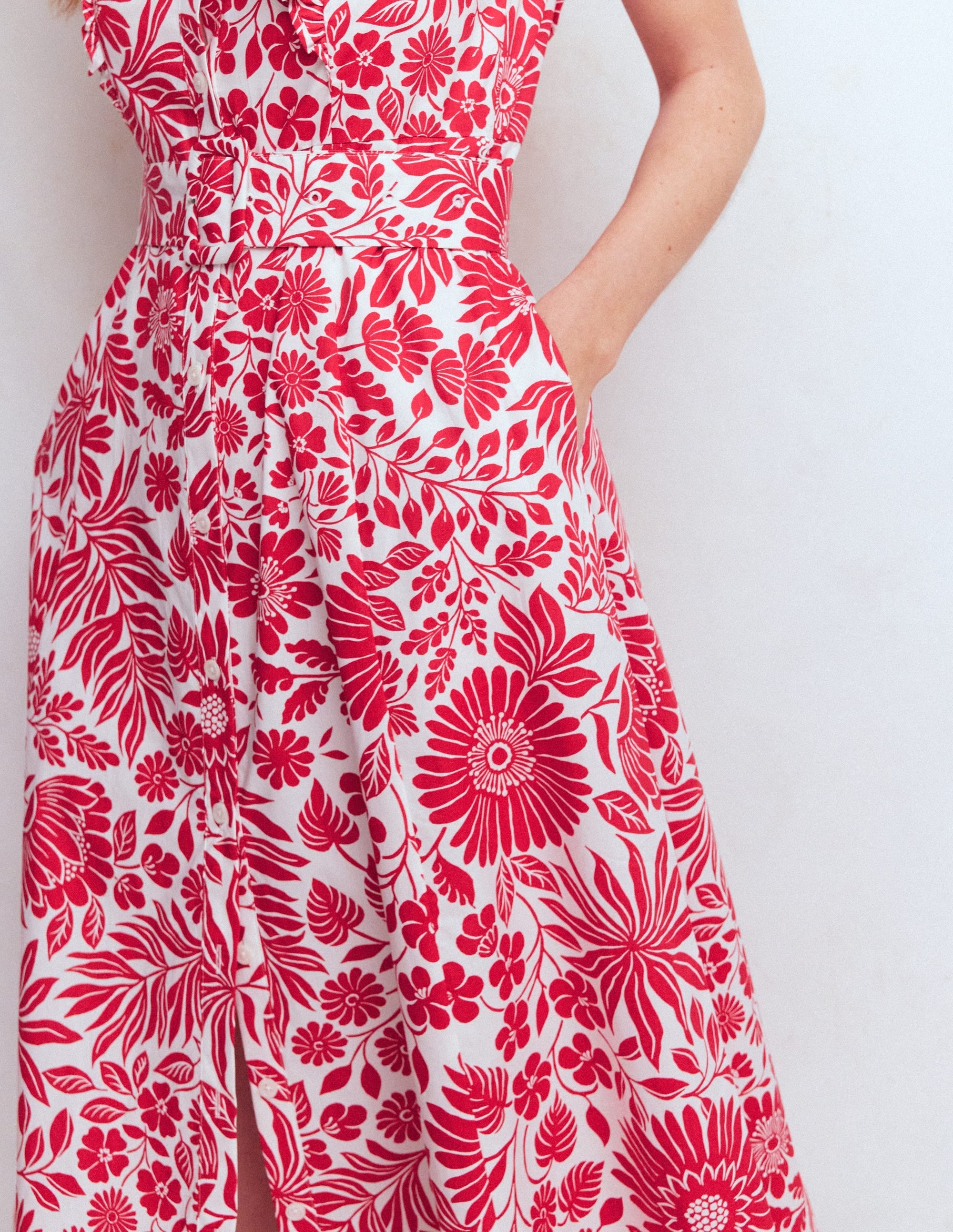 Ruffle Bodice Shirt Dress-Merida Red, Flowerbed Bloom