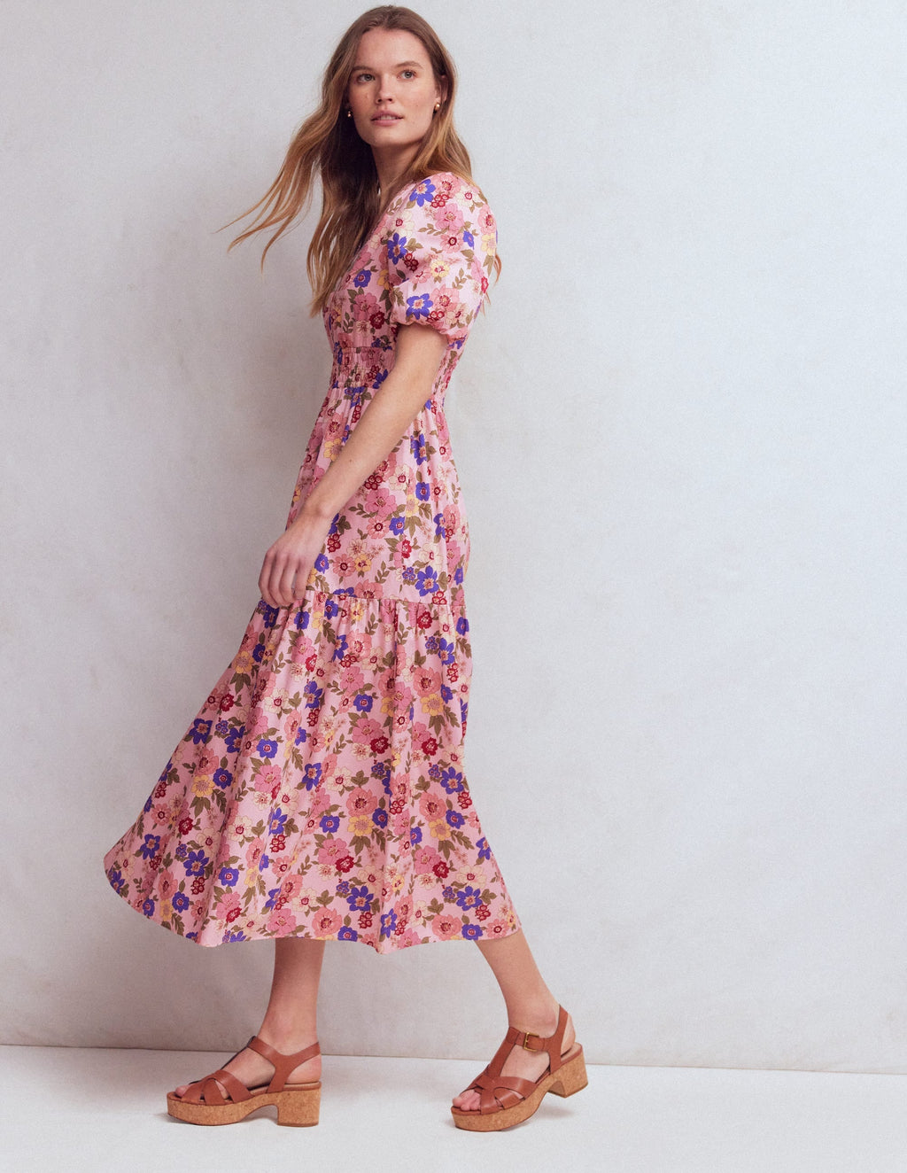 Irene Puff Sleeve Cotton Dress-Pink, Blossomy Garden