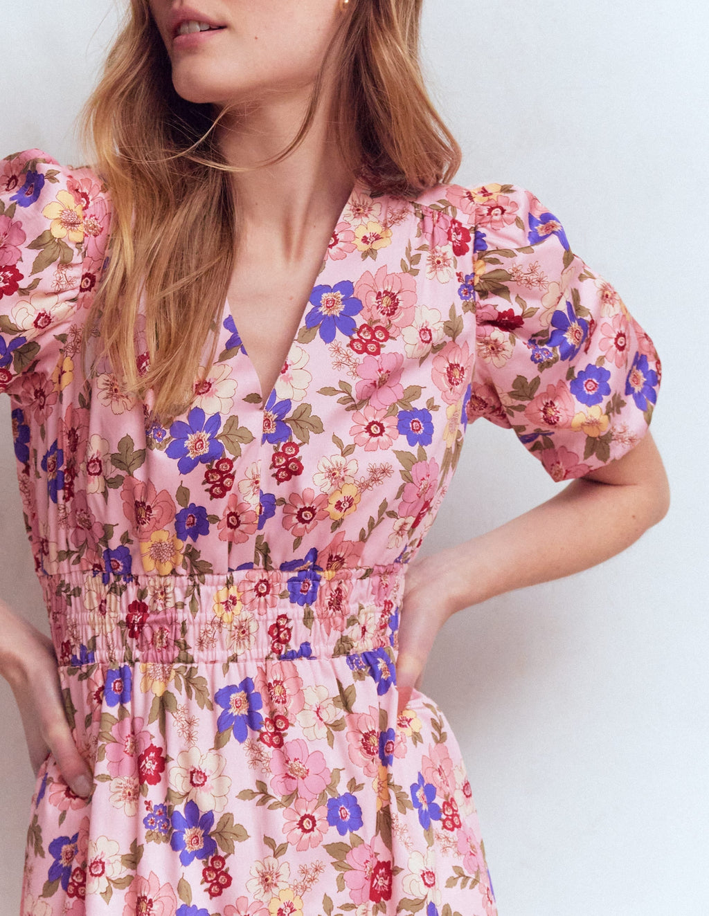 Irene Puff Sleeve Cotton Dress-Pink, Blossomy Garden