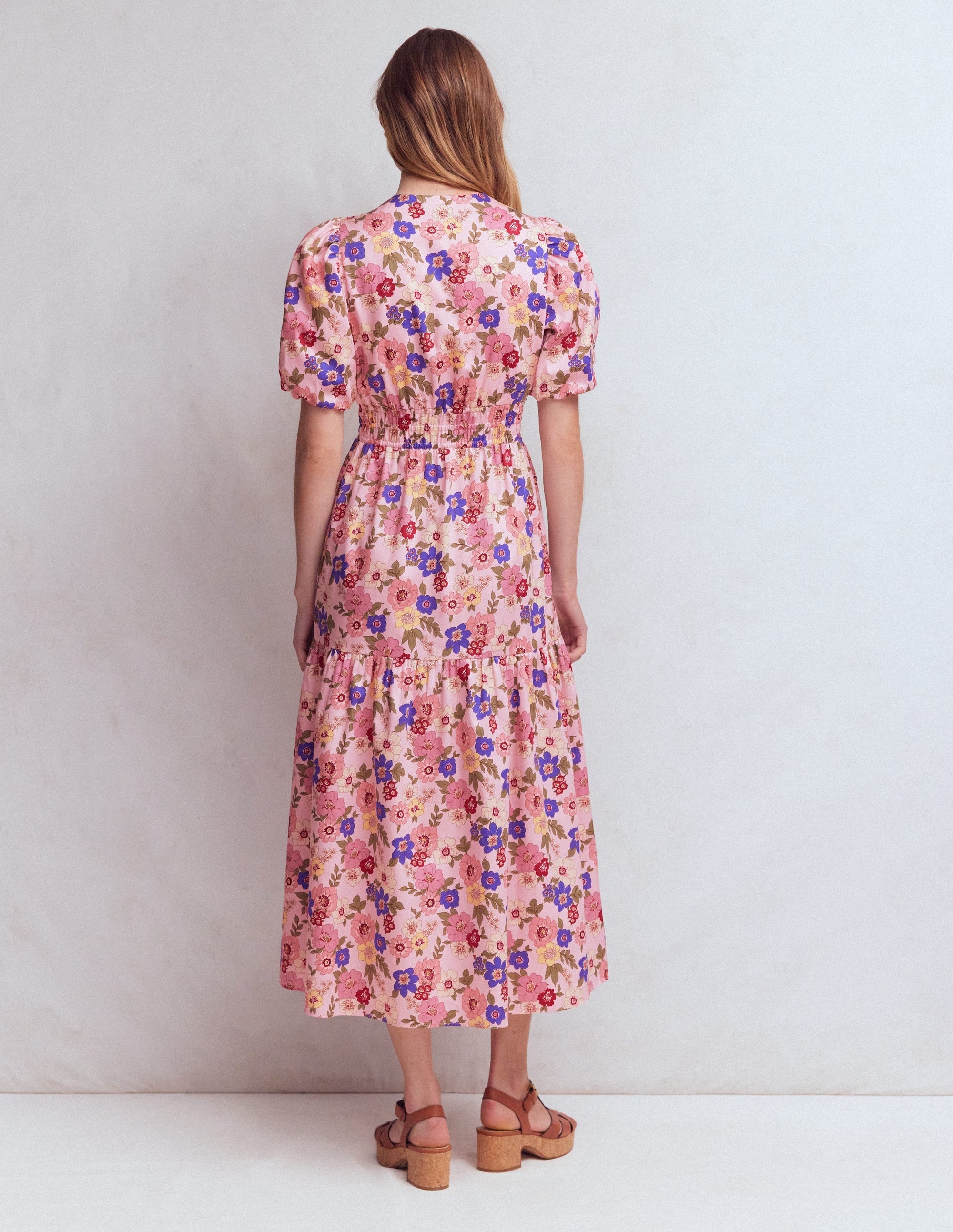Irene Puff Sleeve Cotton Dress-Pink, Blossomy Garden