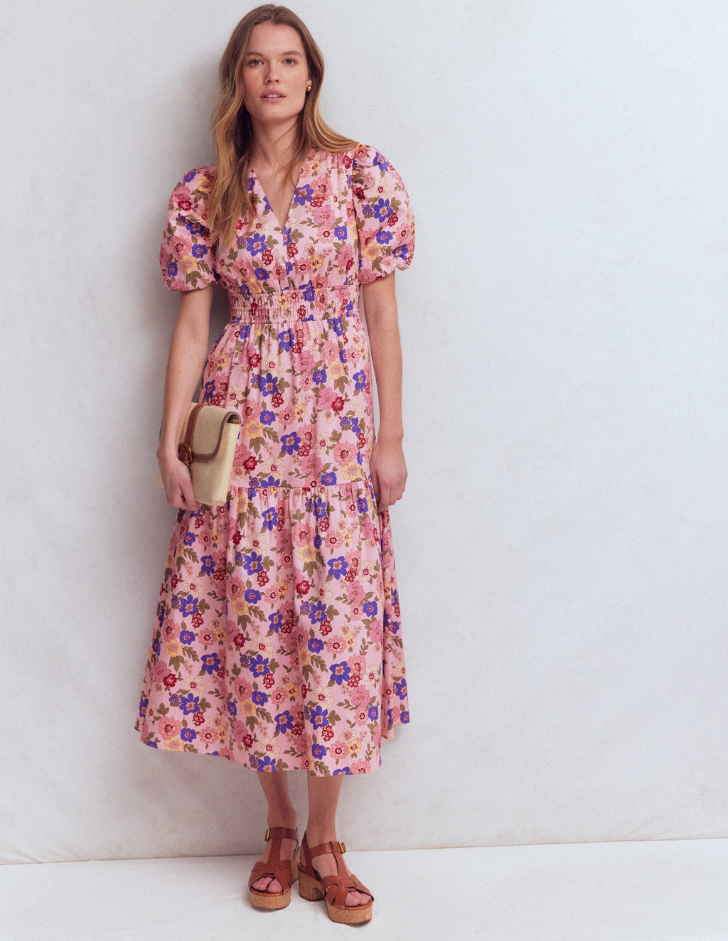 Irene Puff Sleeve Cotton Dress-Pink, Blossomy Garden