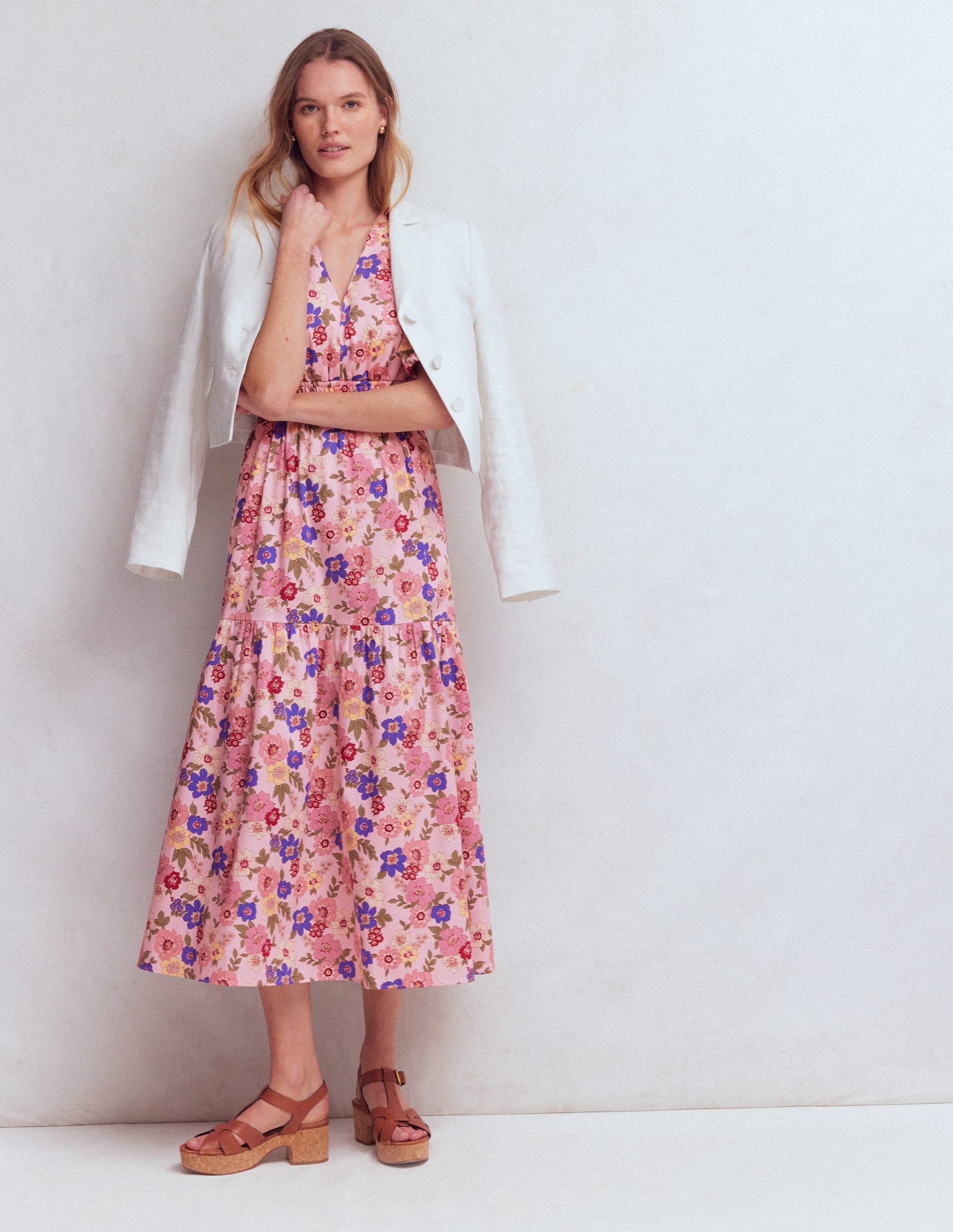 Irene Puff Sleeve Cotton Dress-Pink, Blossomy Garden