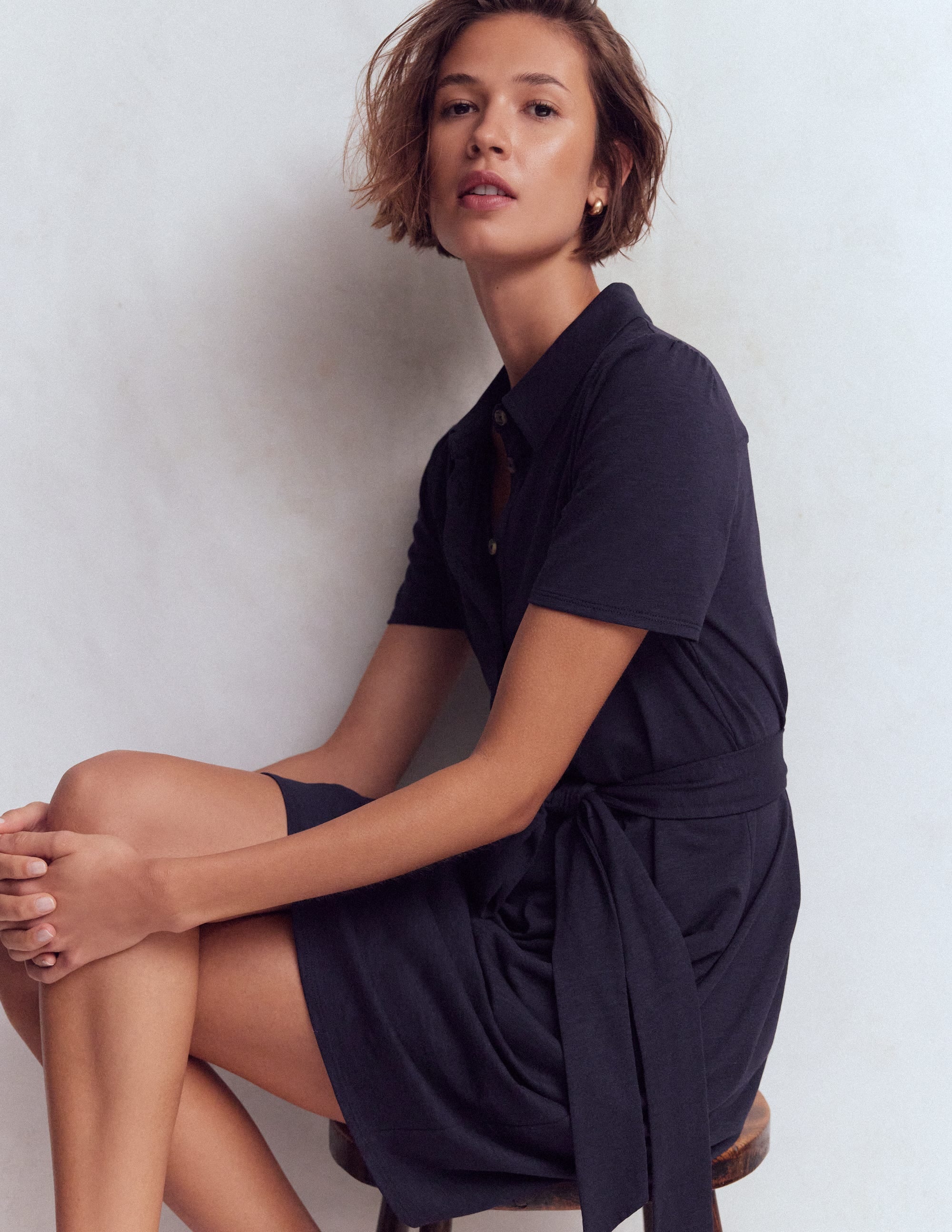 Patti Short Jersey Shirt Dress-Navy