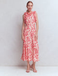 Ruffle Silk Midi Dress-Pink Bloom Scatter Mono