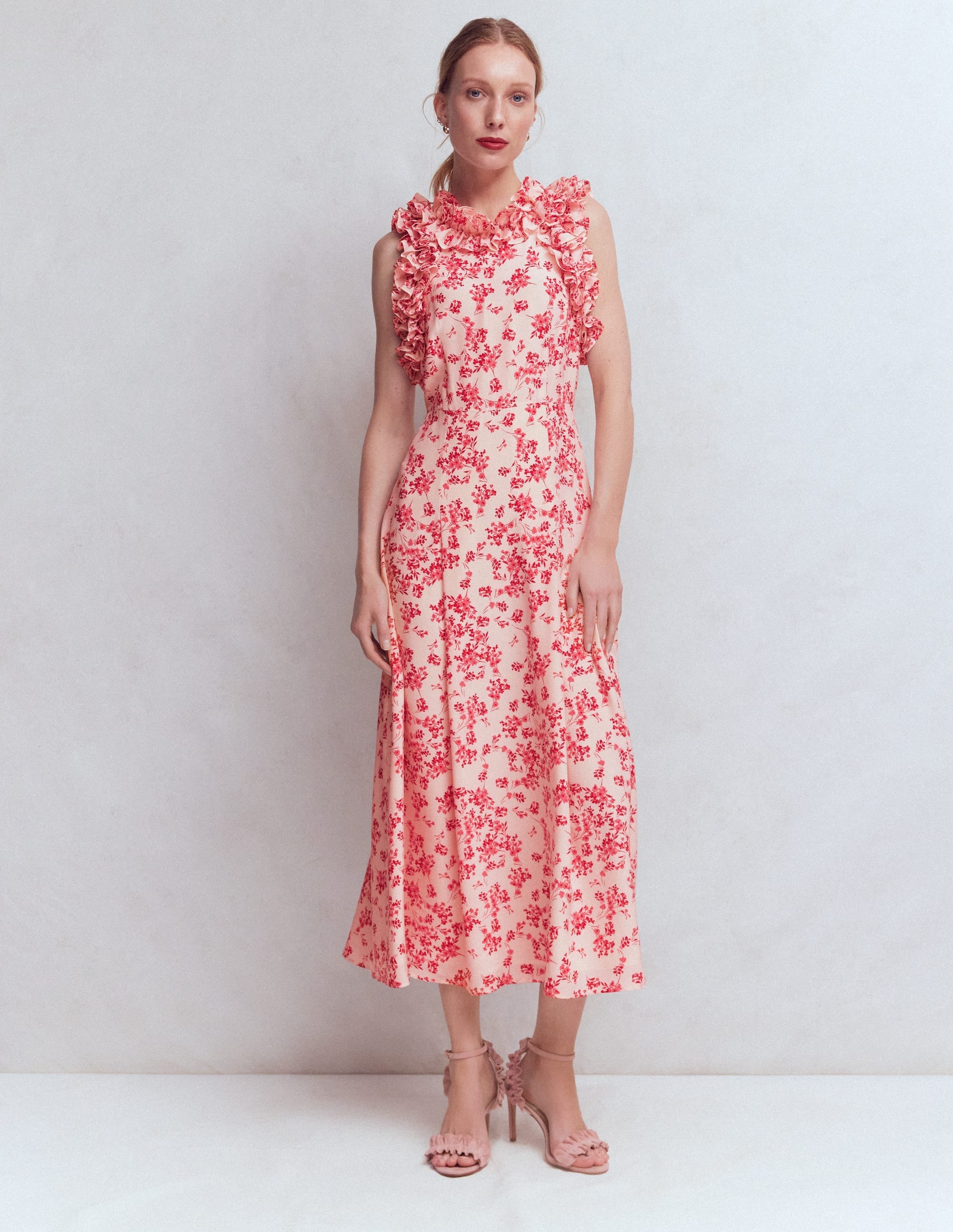 Ruffle Silk Midi Dress-Pink Bloom Scatter Mono