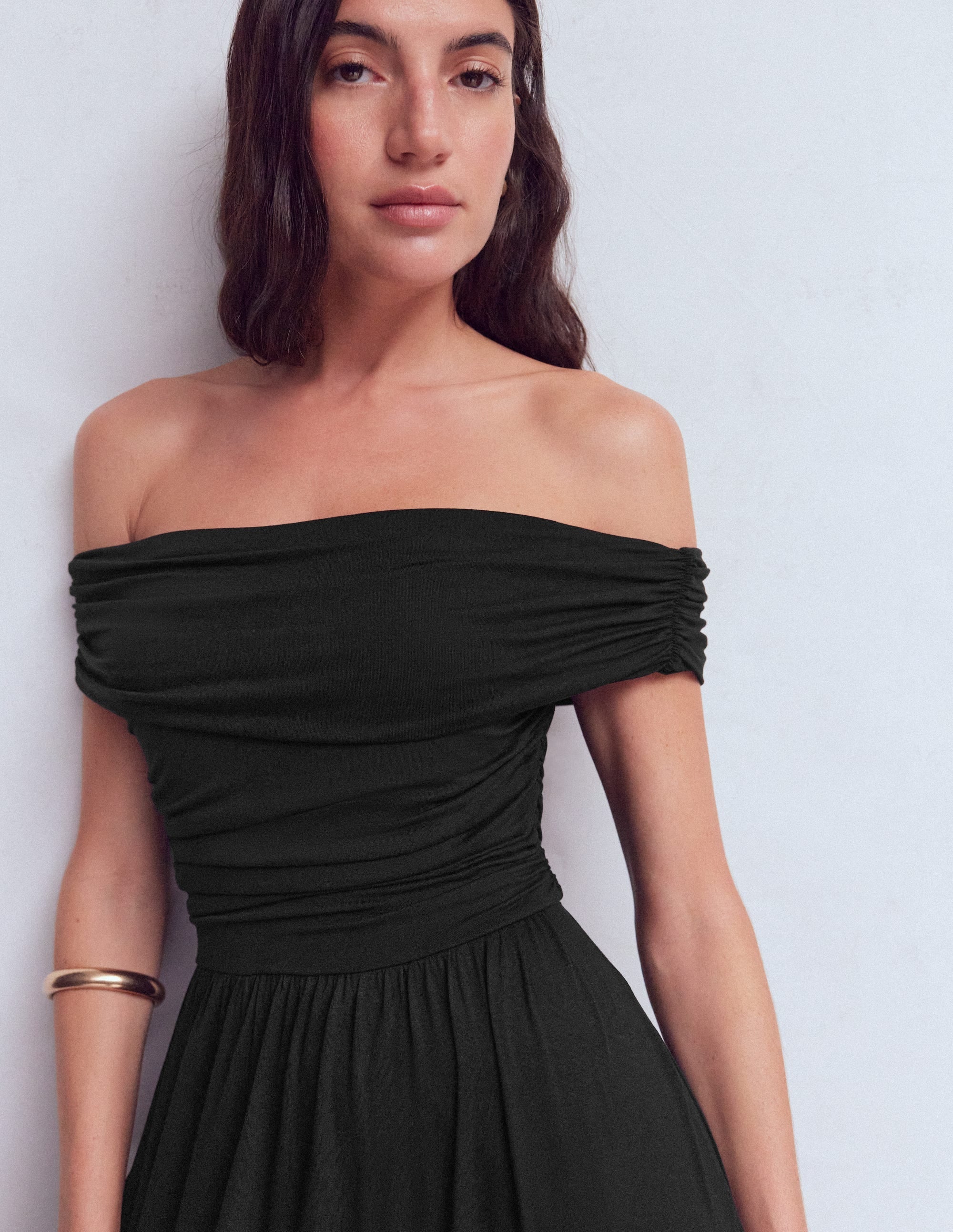 Ruched Bardot Jersey Dress-Black