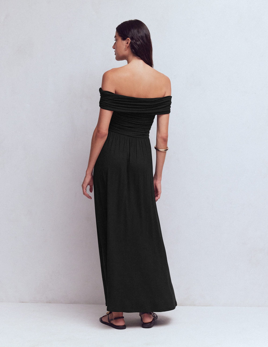 Ruched Bardot Jersey Dress-Black