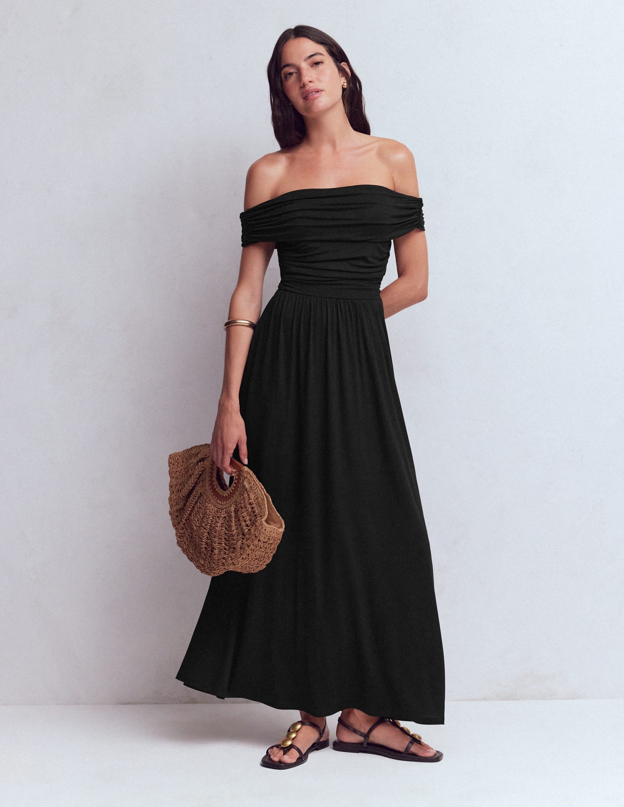 Ruched Bardot Jersey Dress-Black