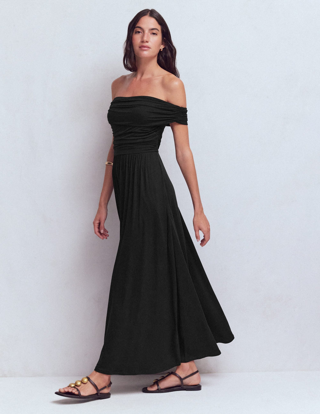 Ruched Bardot Jersey Dress-Black