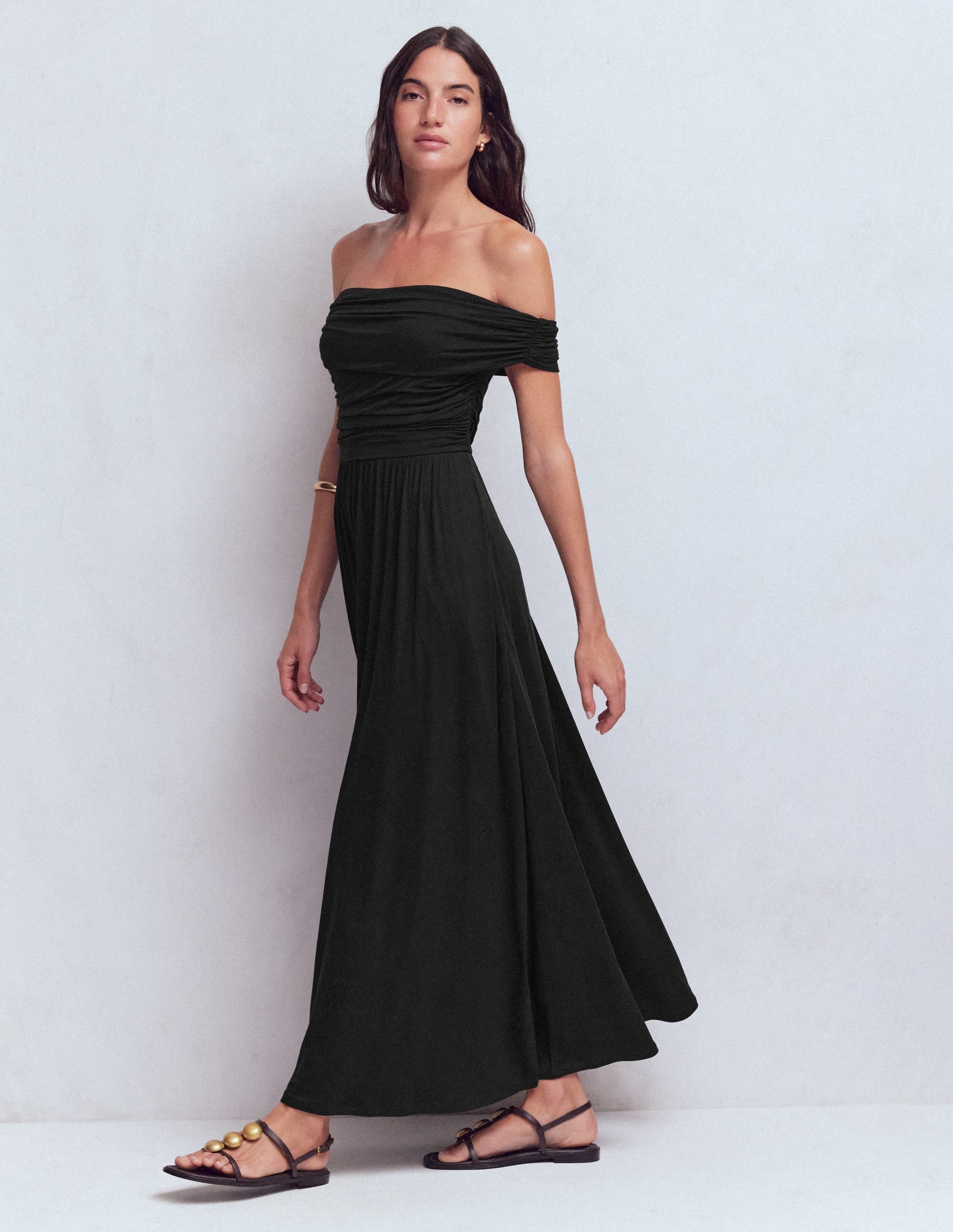 Ruched Bardot Jersey Dress-Black