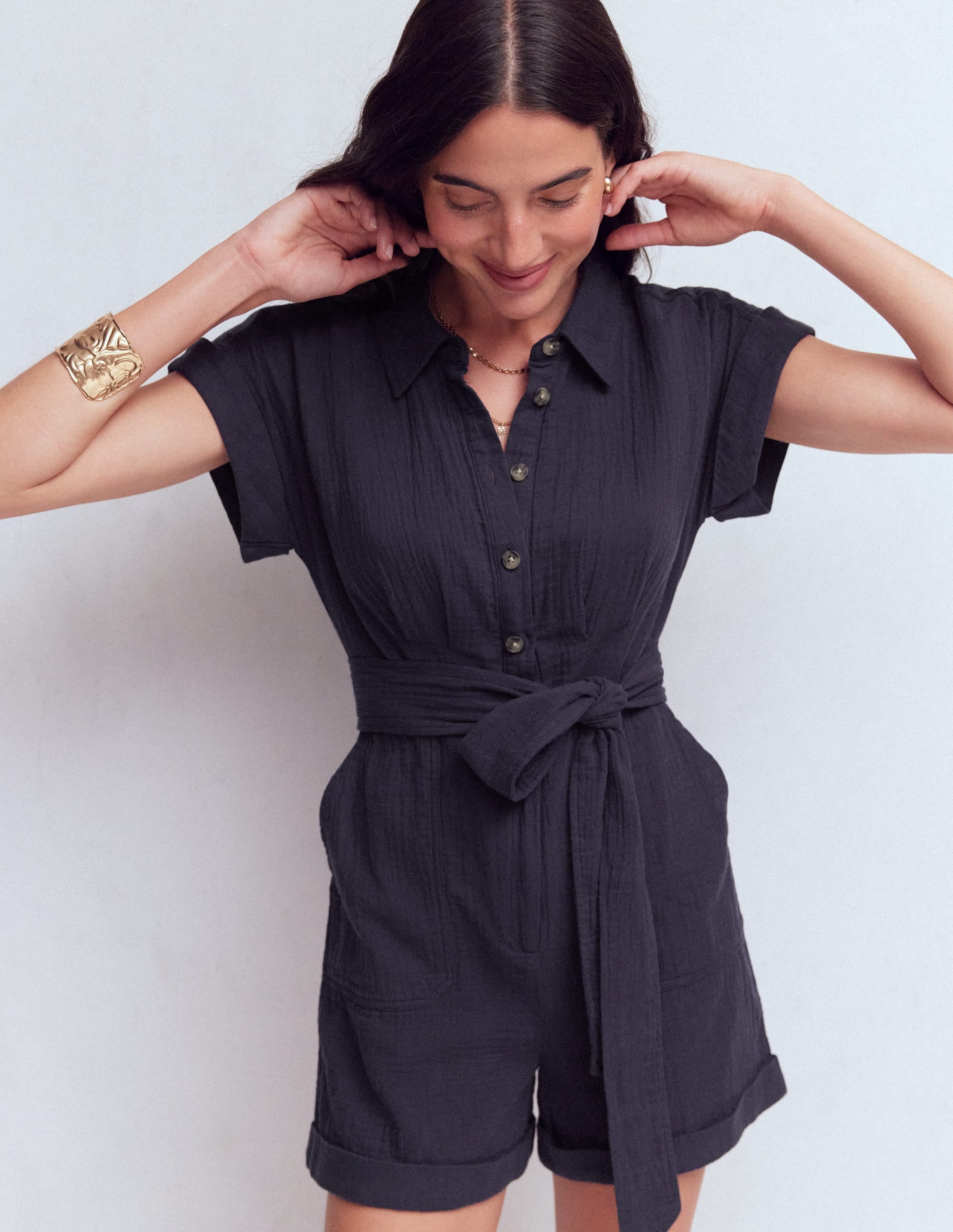 Kay Double Cloth Playsuit-Navy