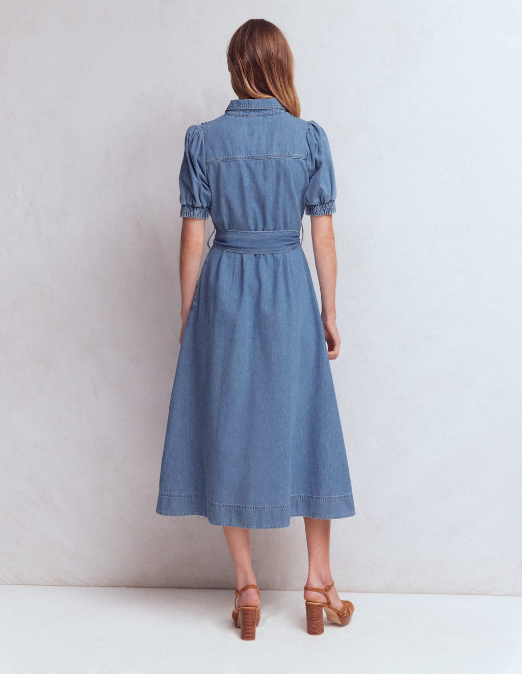 Puff Sleeve Denim Shirt Dress-Mid Vintage
