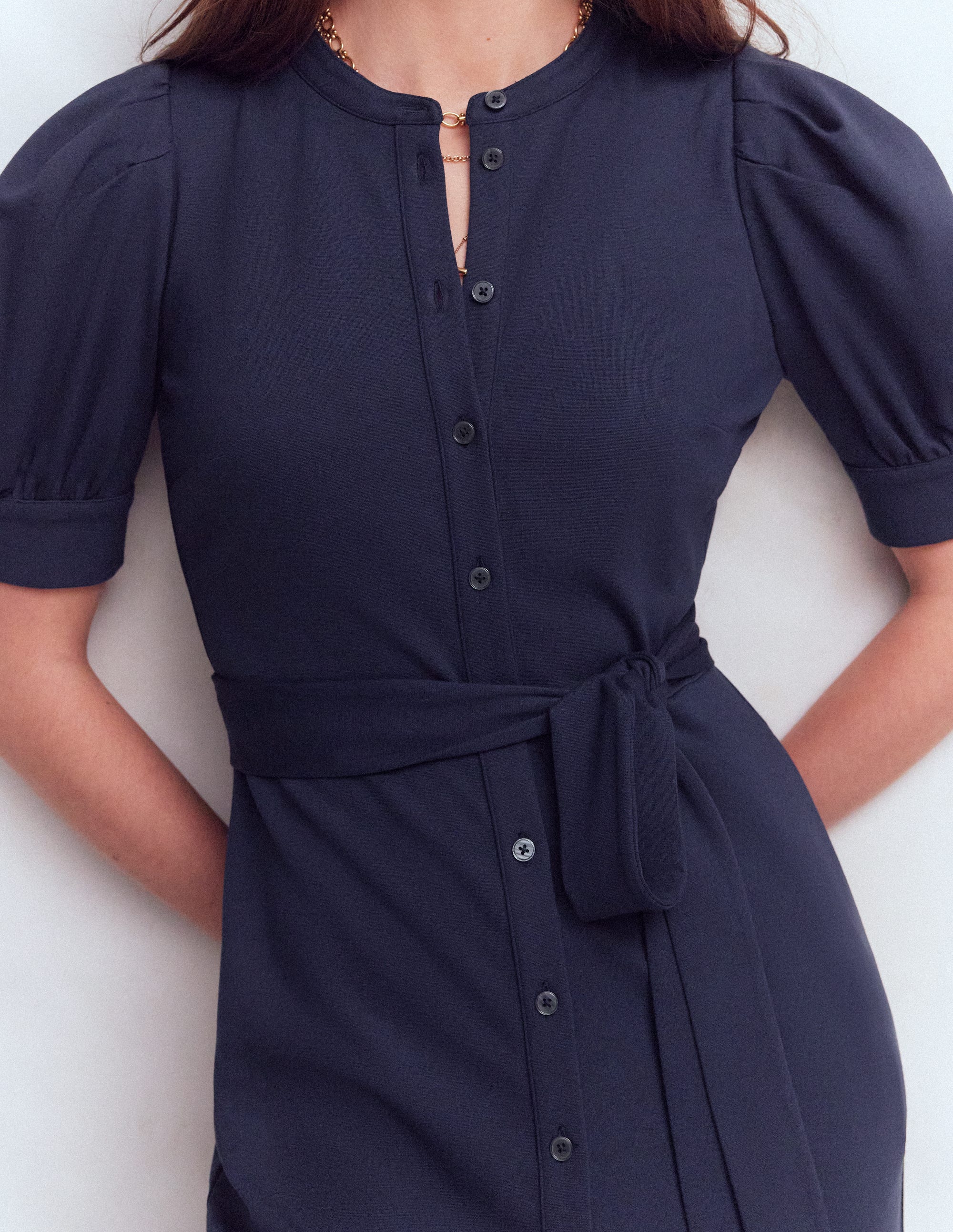 Puff Sleeve Ponte Shirt Dress-Navy