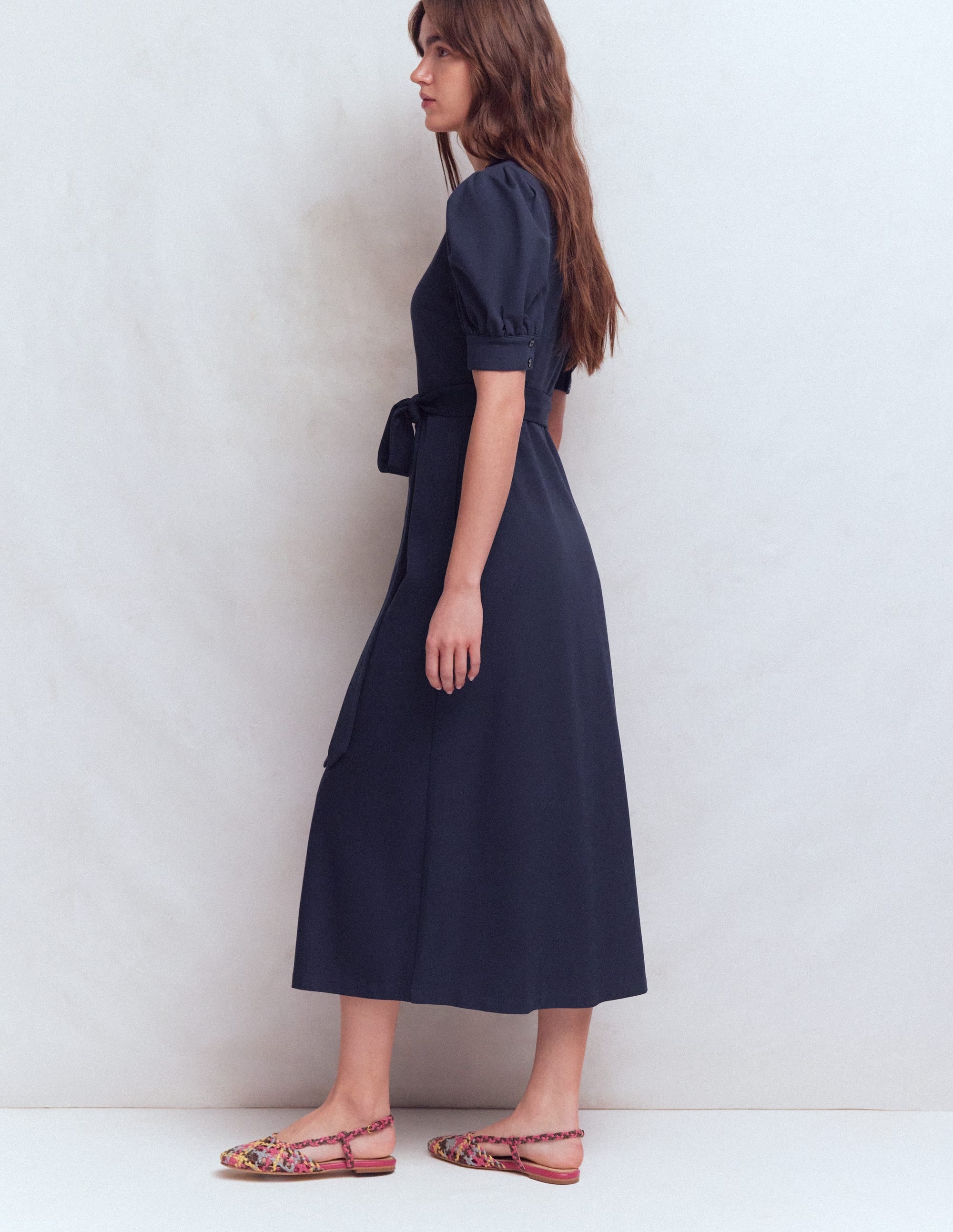 Puff Sleeve Ponte Shirt Dress-Navy