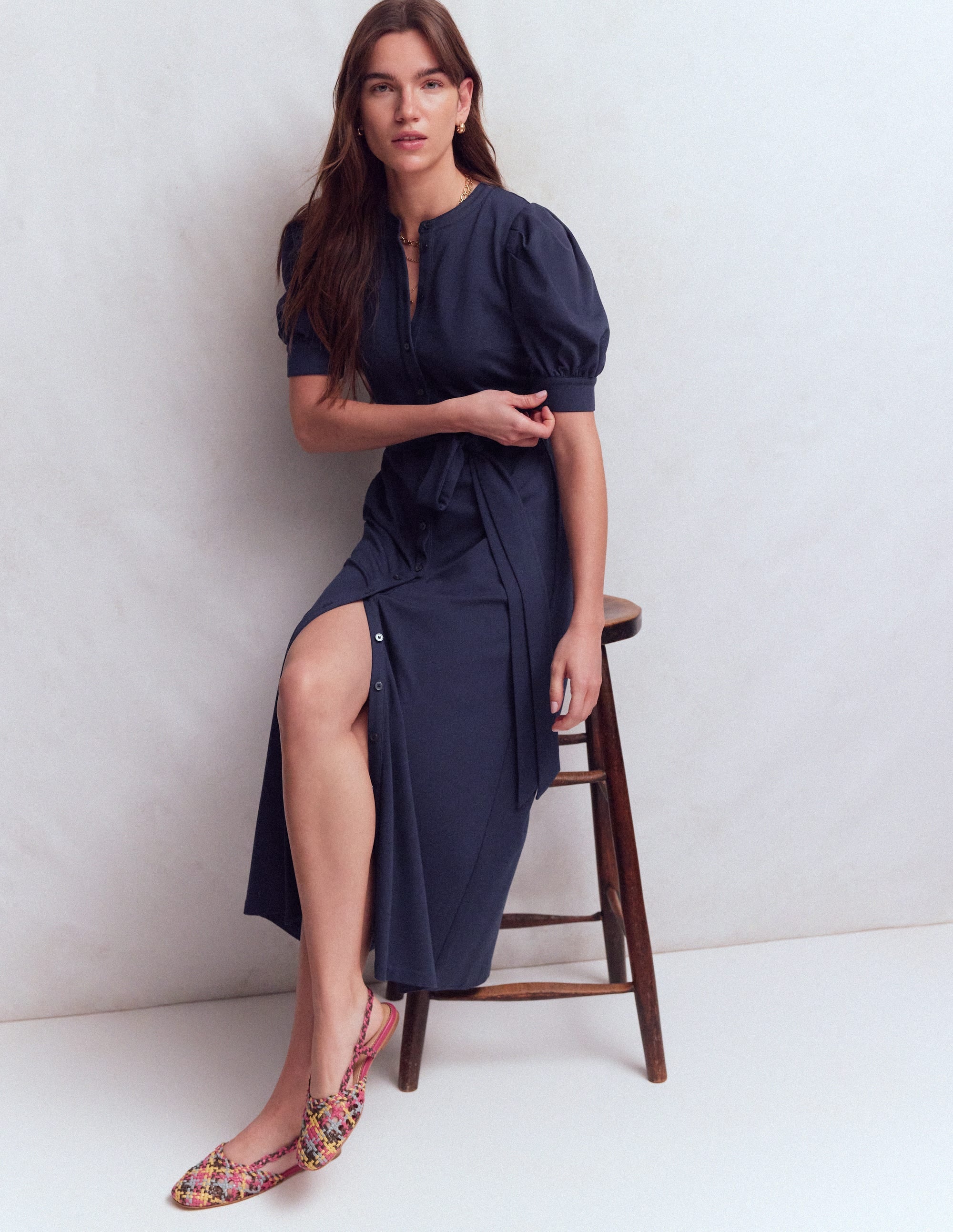 Puff Sleeve Ponte Shirt Dress-Navy