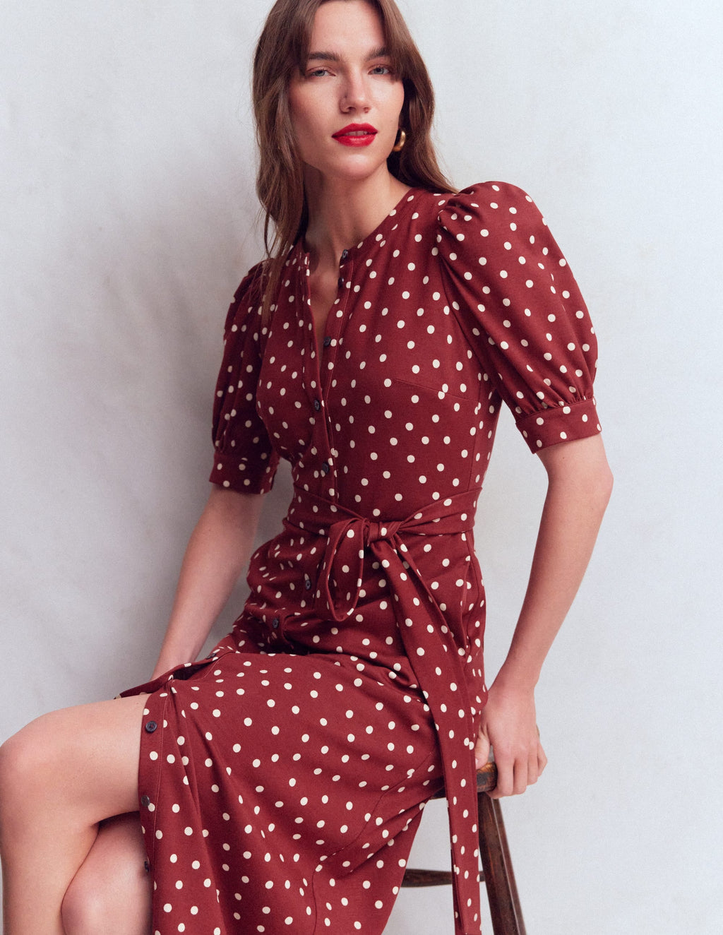 Puff Sleeve Ponte Shirt Dress-Red Pear, Painted Dot