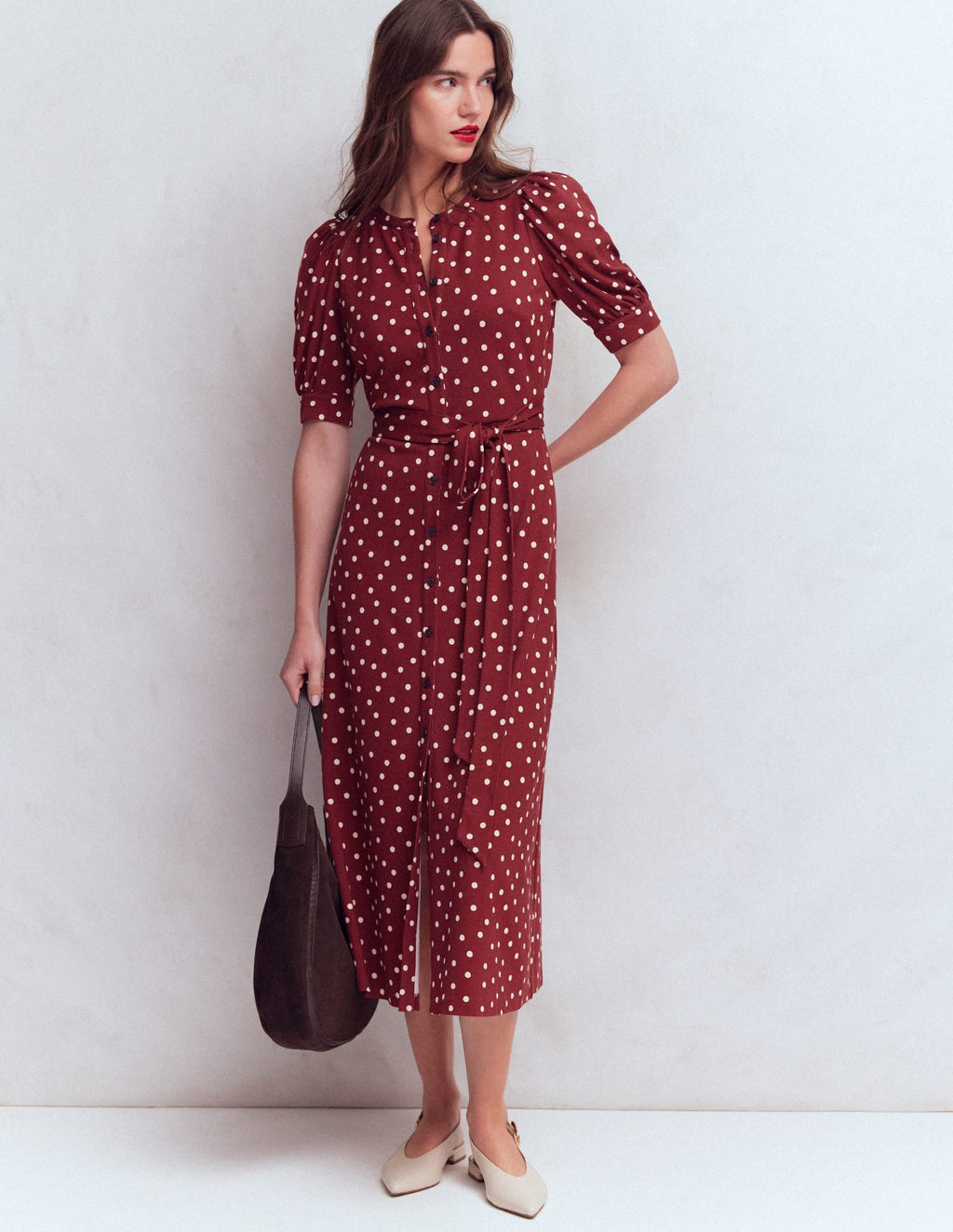 Puff Sleeve Ponte Shirt Dress-Red Pear, Painted Dot