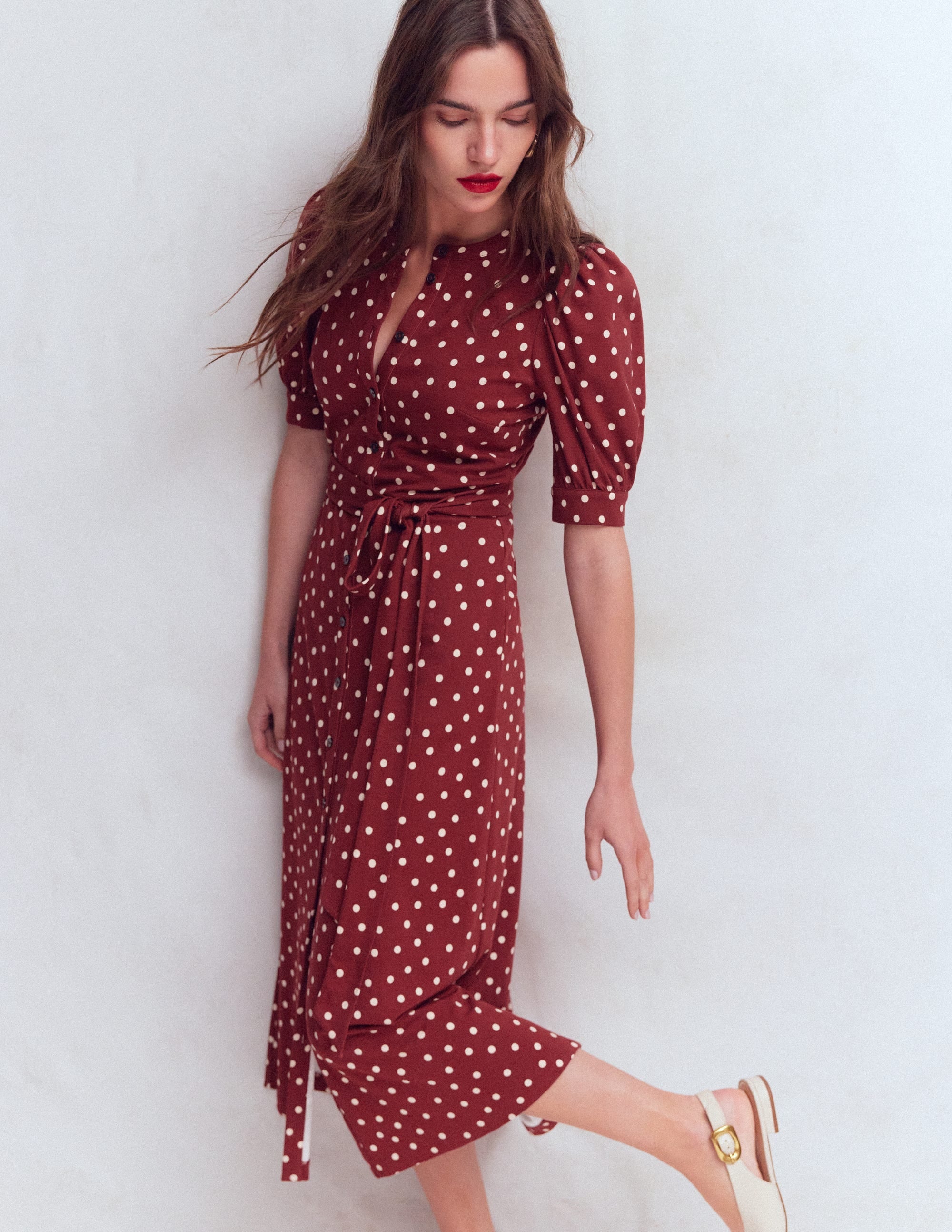 Puff Sleeve Ponte Shirt Dress-Red Pear, Painted Dot