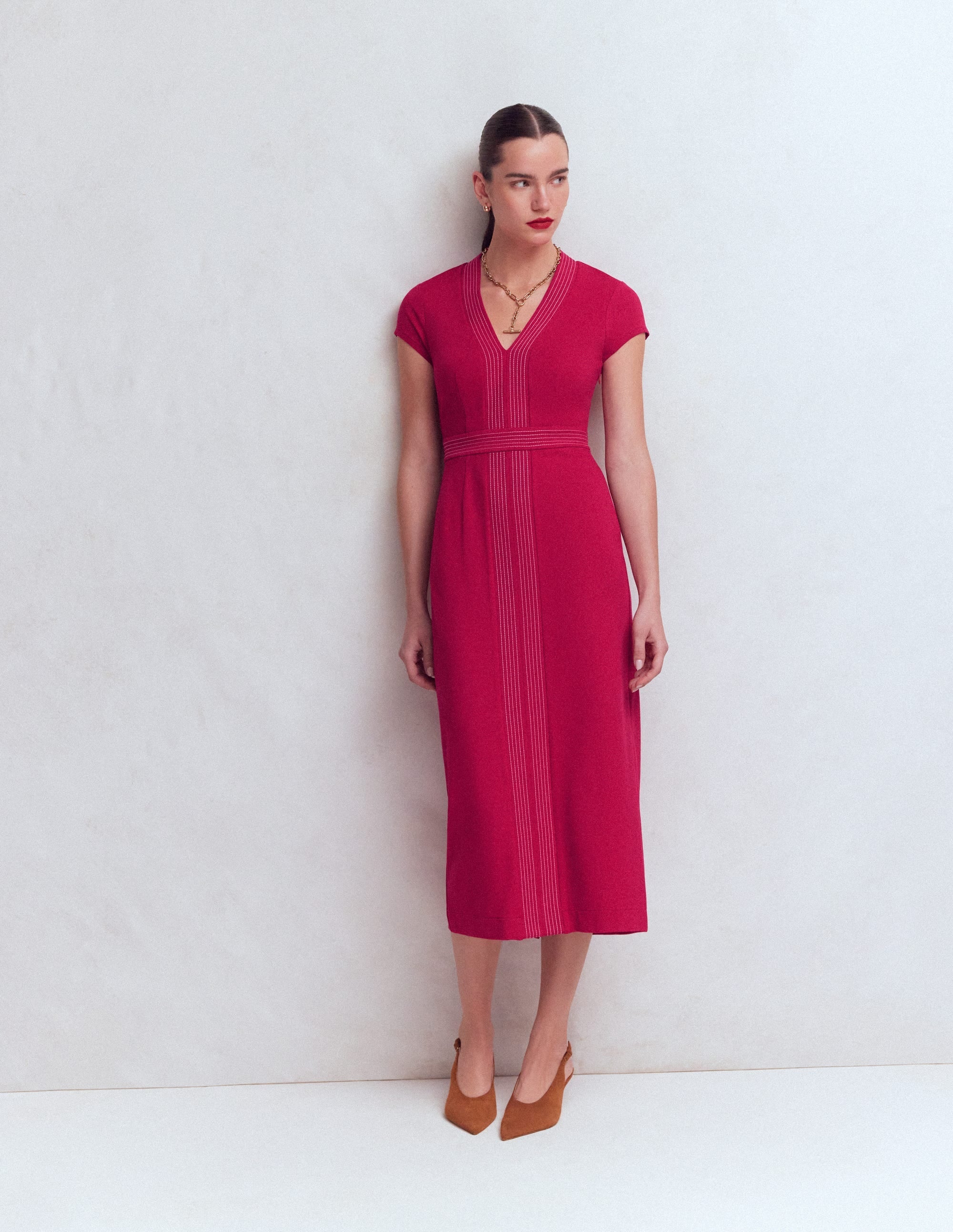 Topstitch Ponte Work Dress-Pomegranate