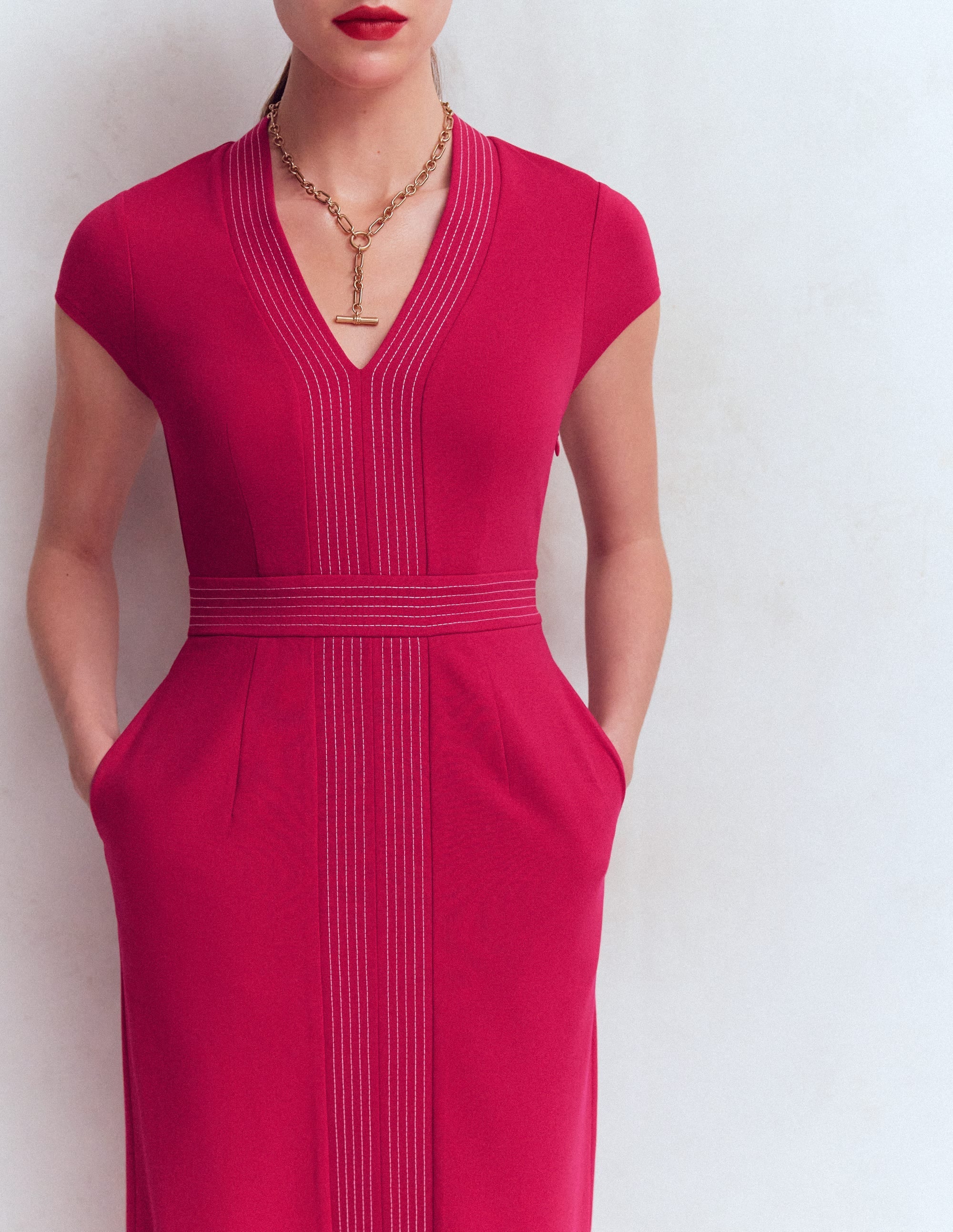 Topstitch Ponte Work Dress-Pomegranate