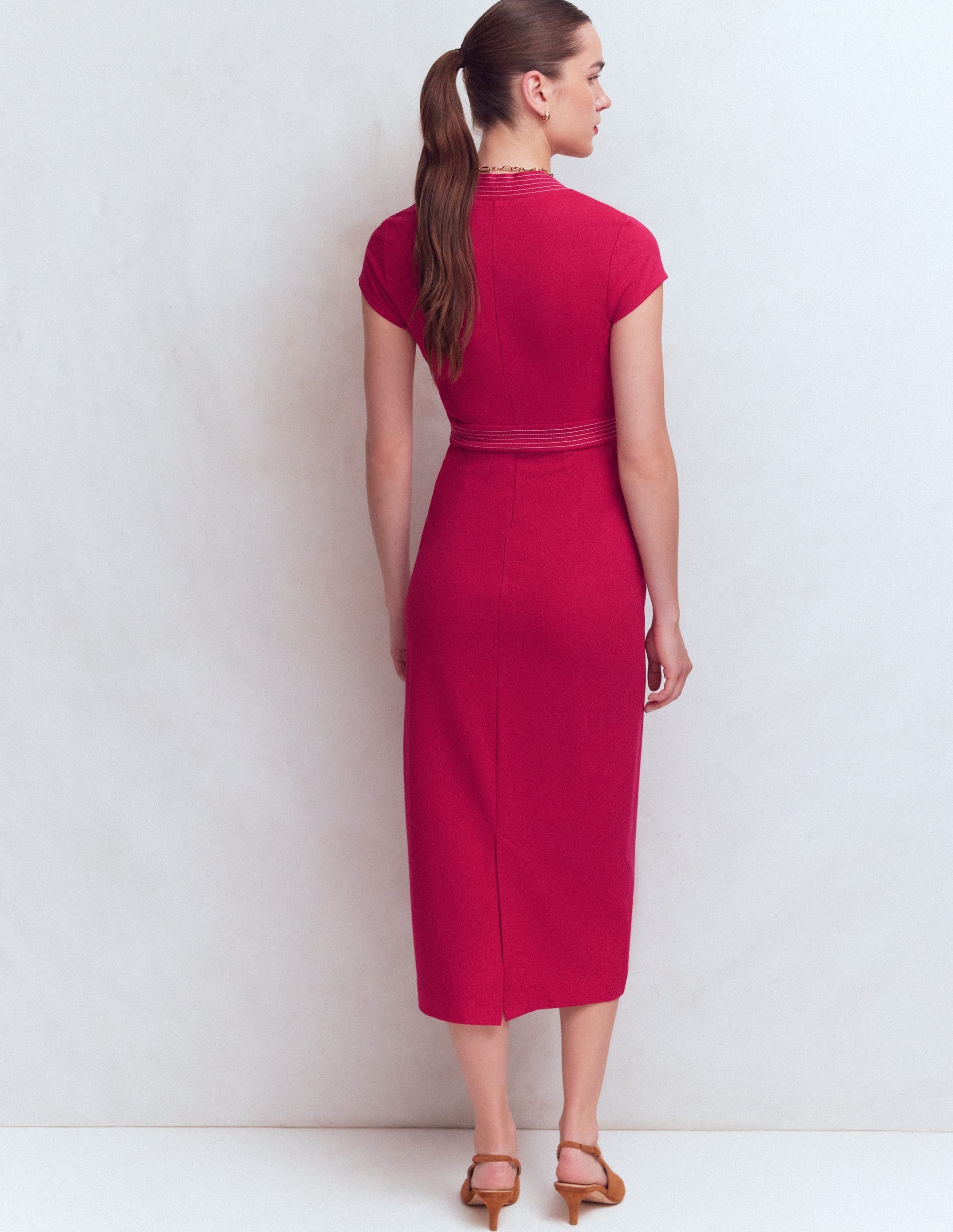 Topstitch Ponte Work Dress-Pomegranate