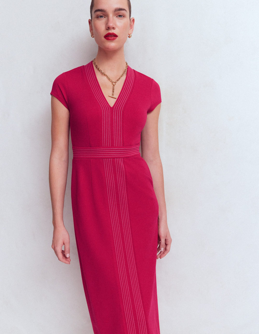 Topstitch Ponte Work Dress-Pomegranate