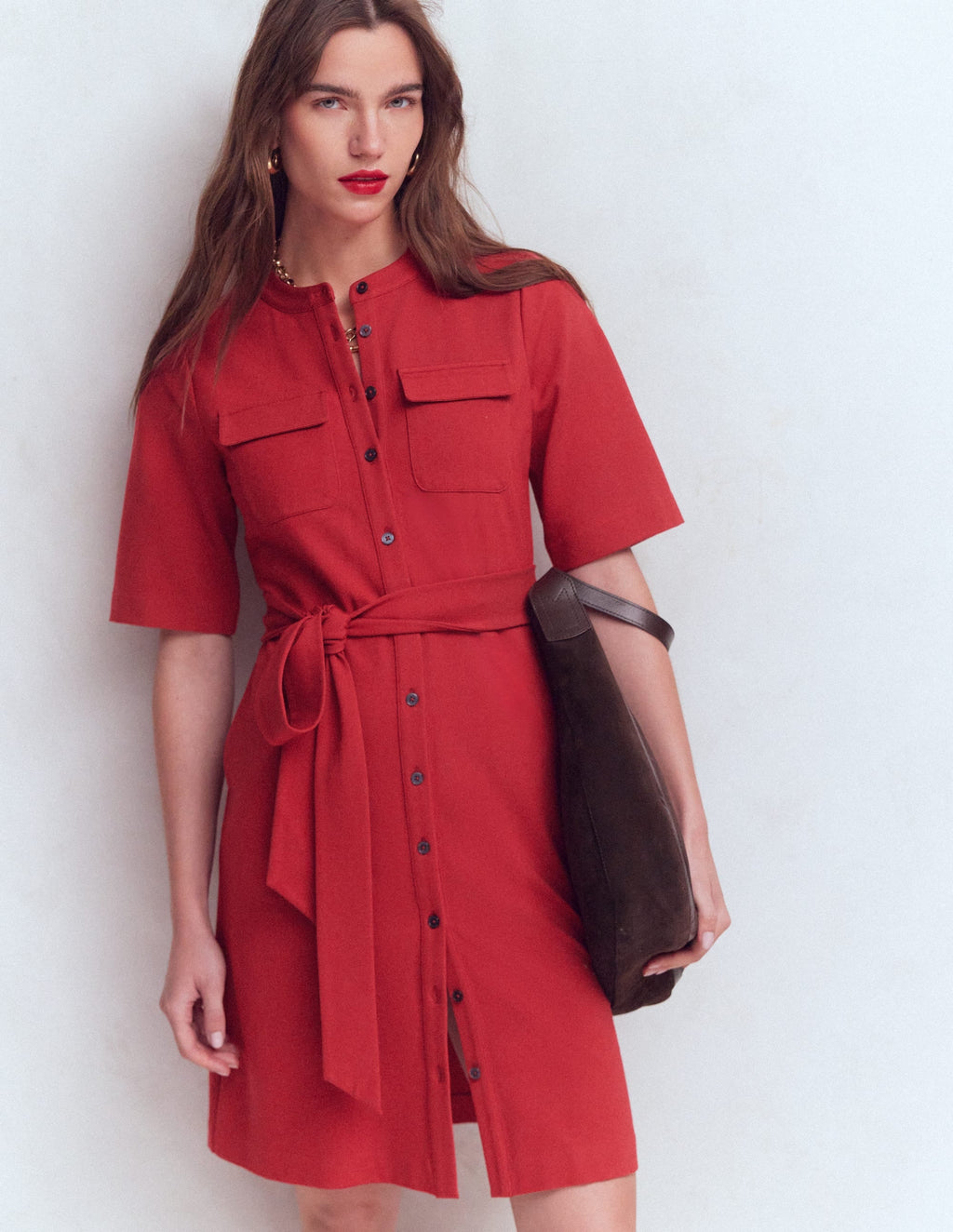 Front Pocket Ponte Dress-Crimson Red