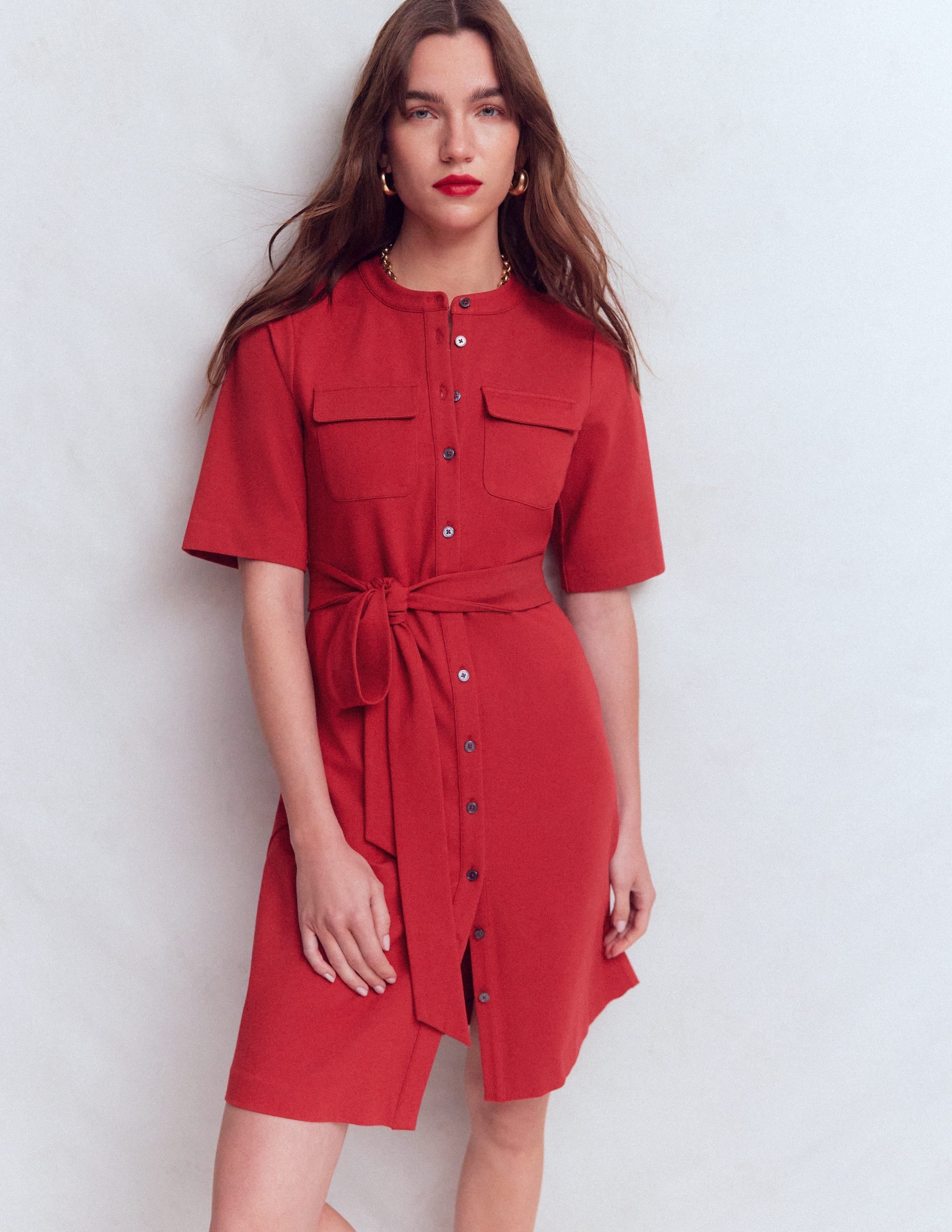 Front Pocket Ponte Dress-Crimson Red