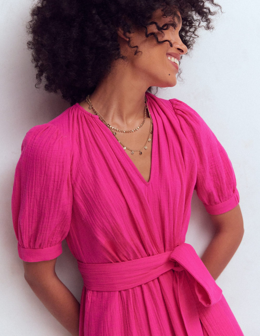 Double Cloth Puff Sleeve Dress-Bright Pink