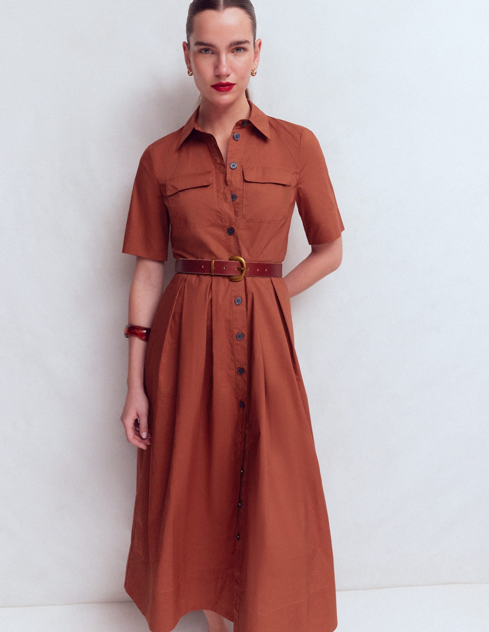 Zoe Short Sleeve Shirt Dress-Burnt Orange