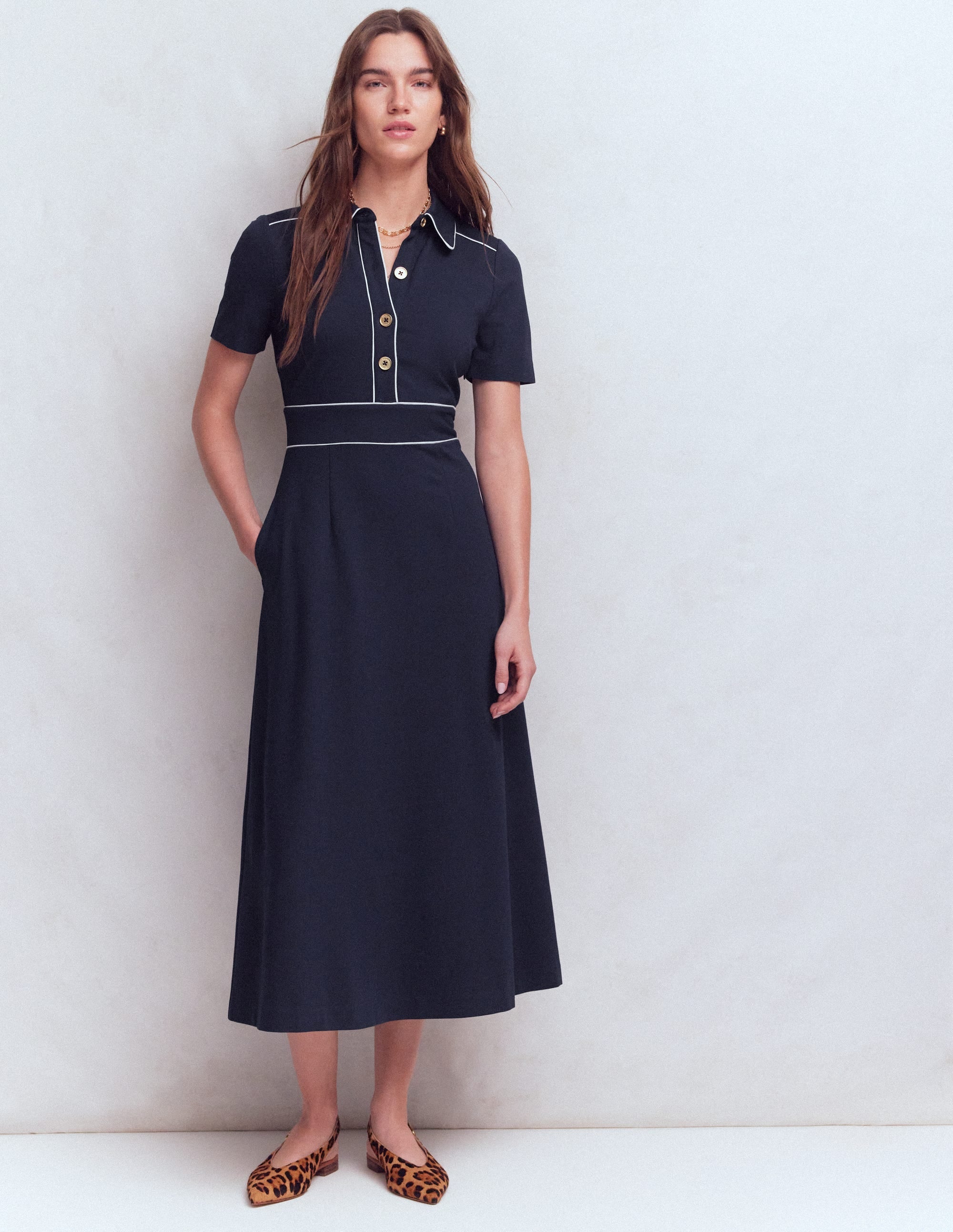 Etta Piping Trim Ponte Dress-Navy