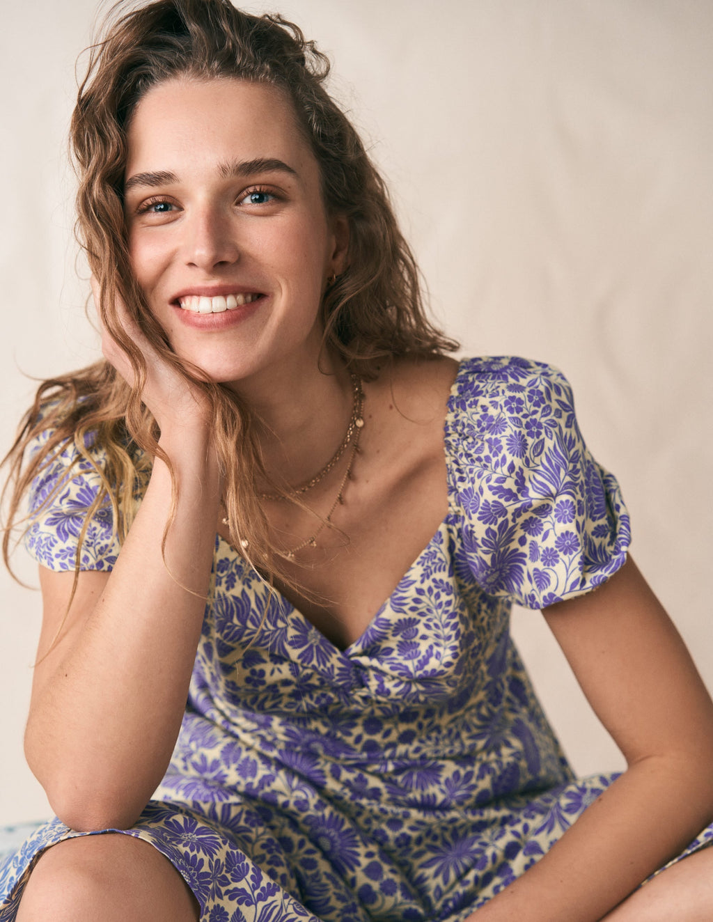 Twist Front Linen Blend Dress-Han Purple, Flowered Bloom